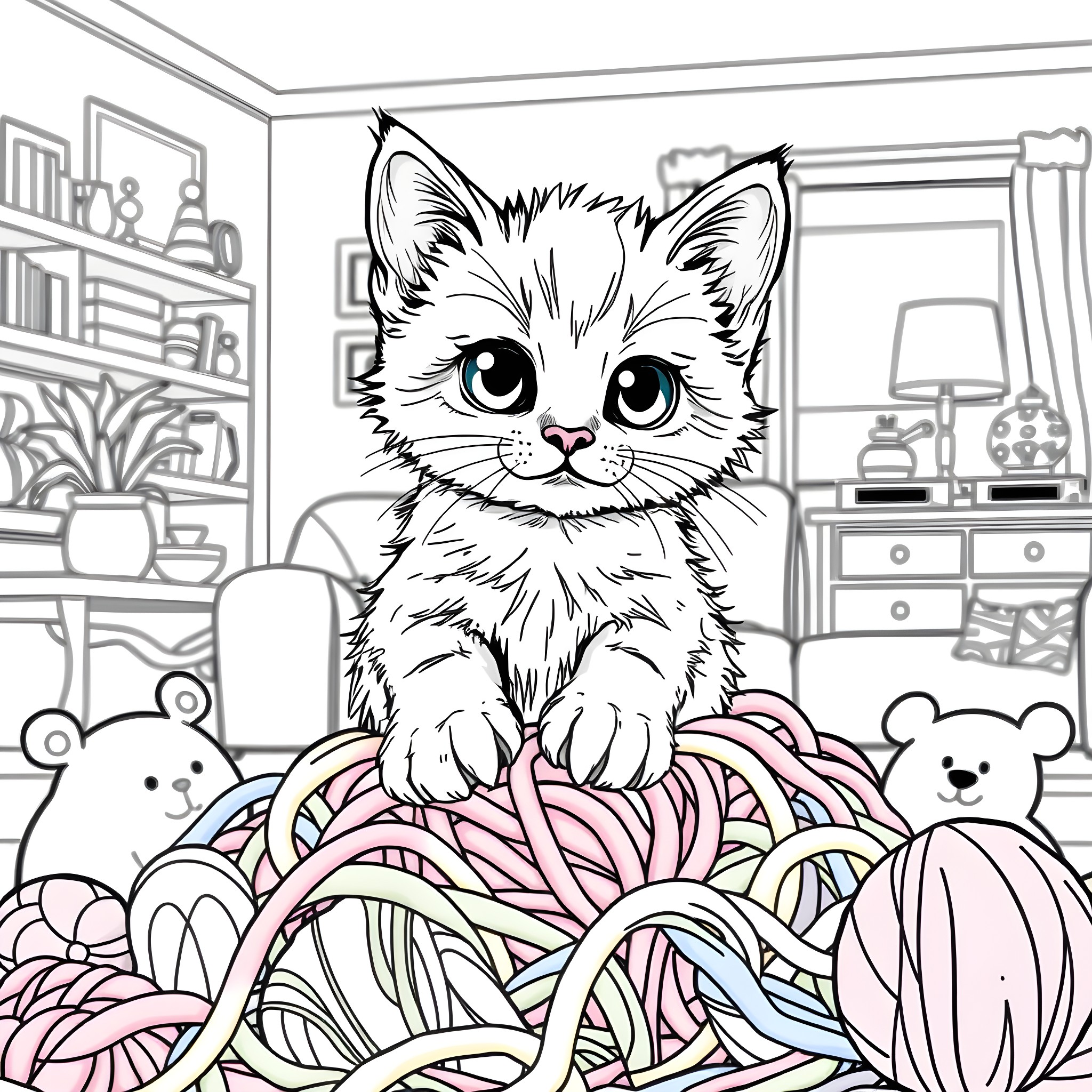 Kitten exploring a cozy room Coloring Page (free black-and-white line drawing printable PDF for all, from beginners to advanced learners, including children, teens, adults, and seniors)