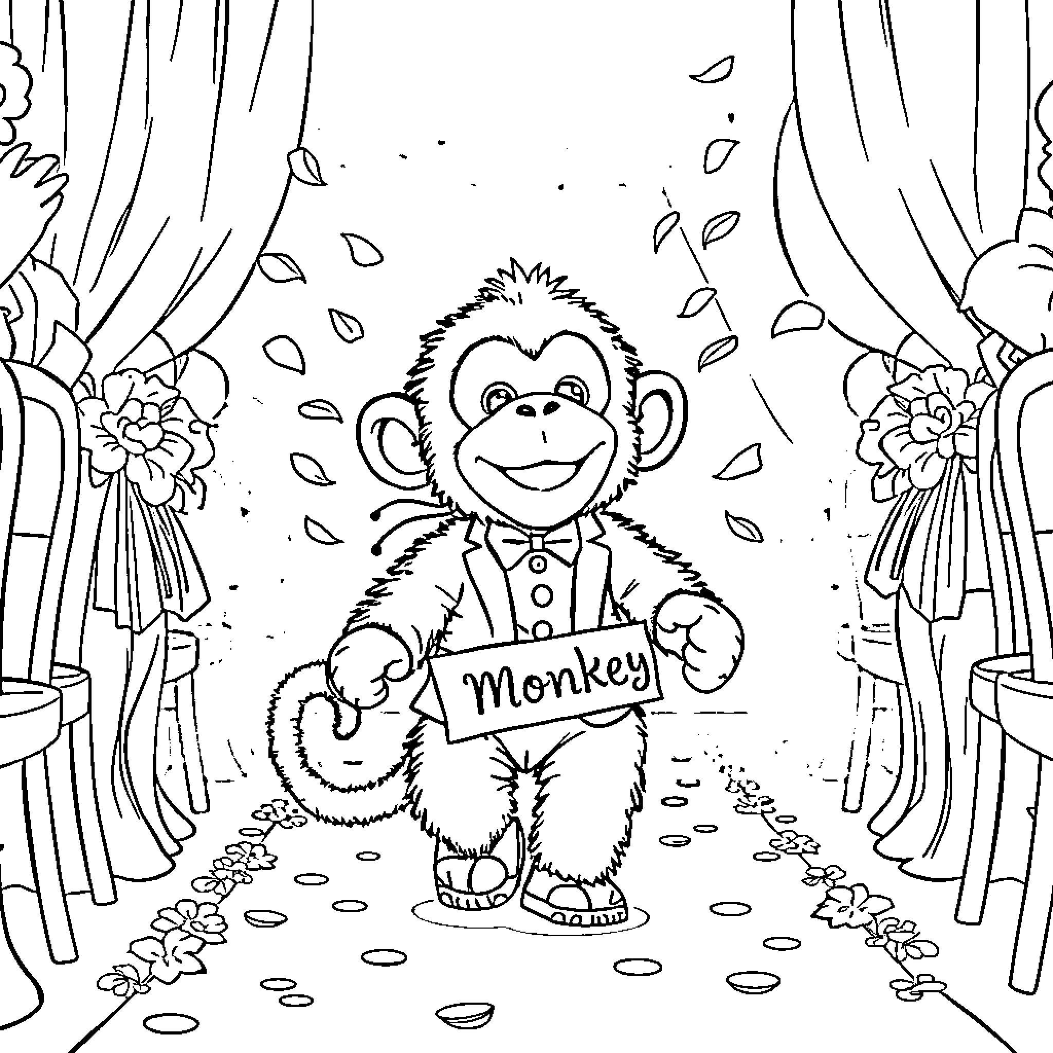 Monkey holding a sign in a nature scene Coloring Page (free black-and-white line drawing printable PDF for all, from beginners to advanced learners, including children, teens, adults, and seniors)