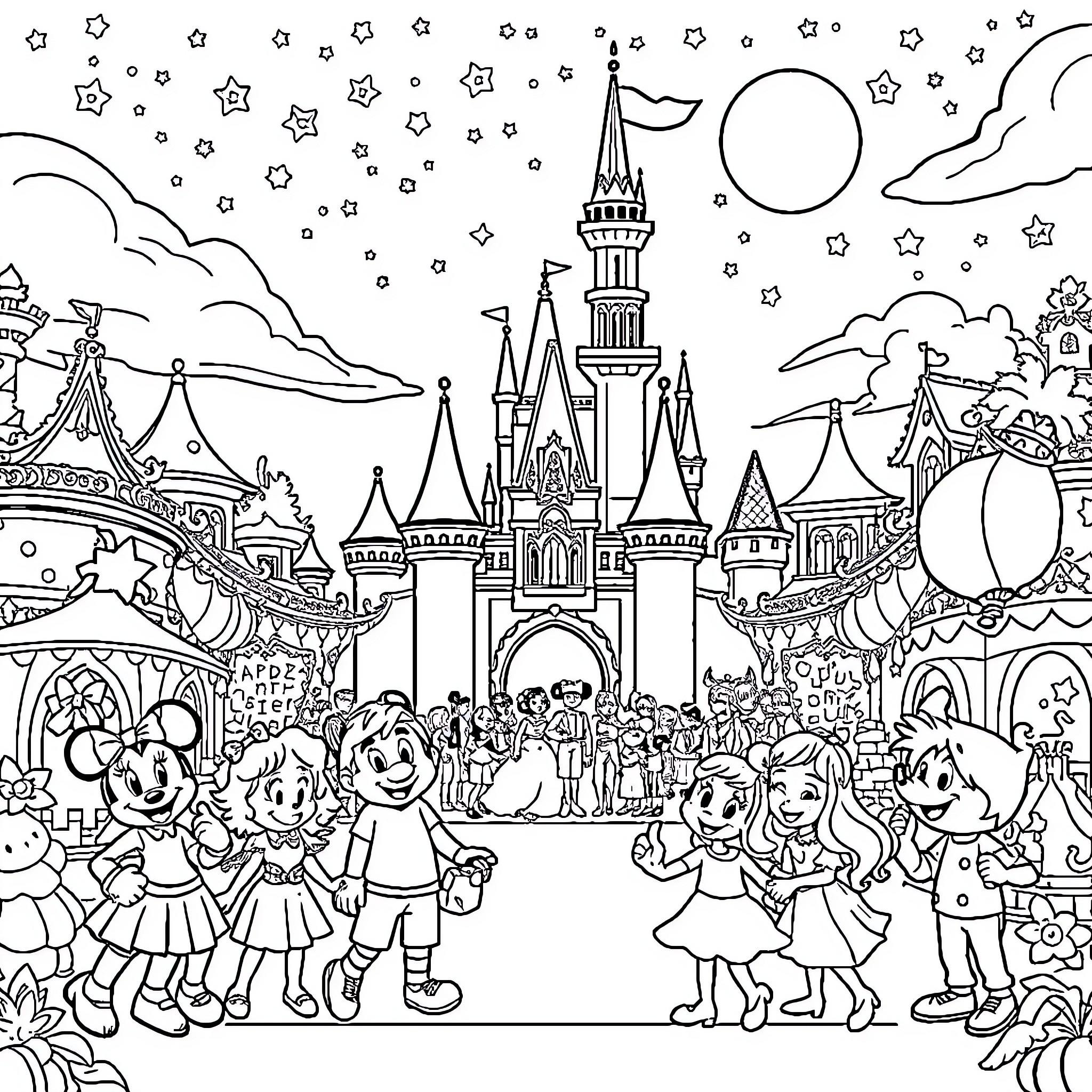 Disney Characters Enjoying a Magical Night at the Park Coloring Page (free black-and-white line drawing printable PDF for all, from beginners to advanced learners, including children, teens, adults, and seniors)
