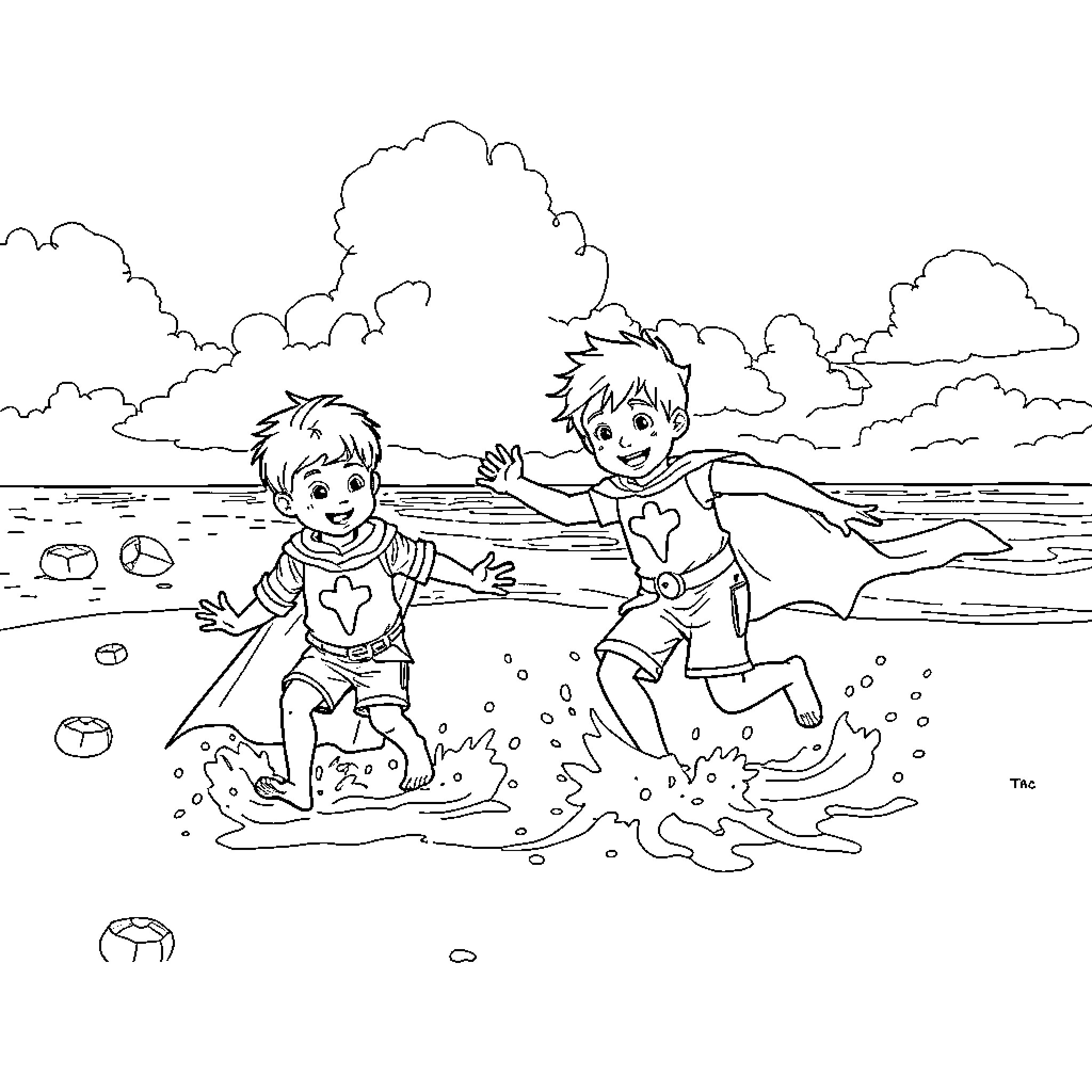 Enfant playing joyfully in the water Coloring Page (free black-and-white line drawing printable PDF for all, from beginners to advanced learners, including children, teens, adults, and seniors)
