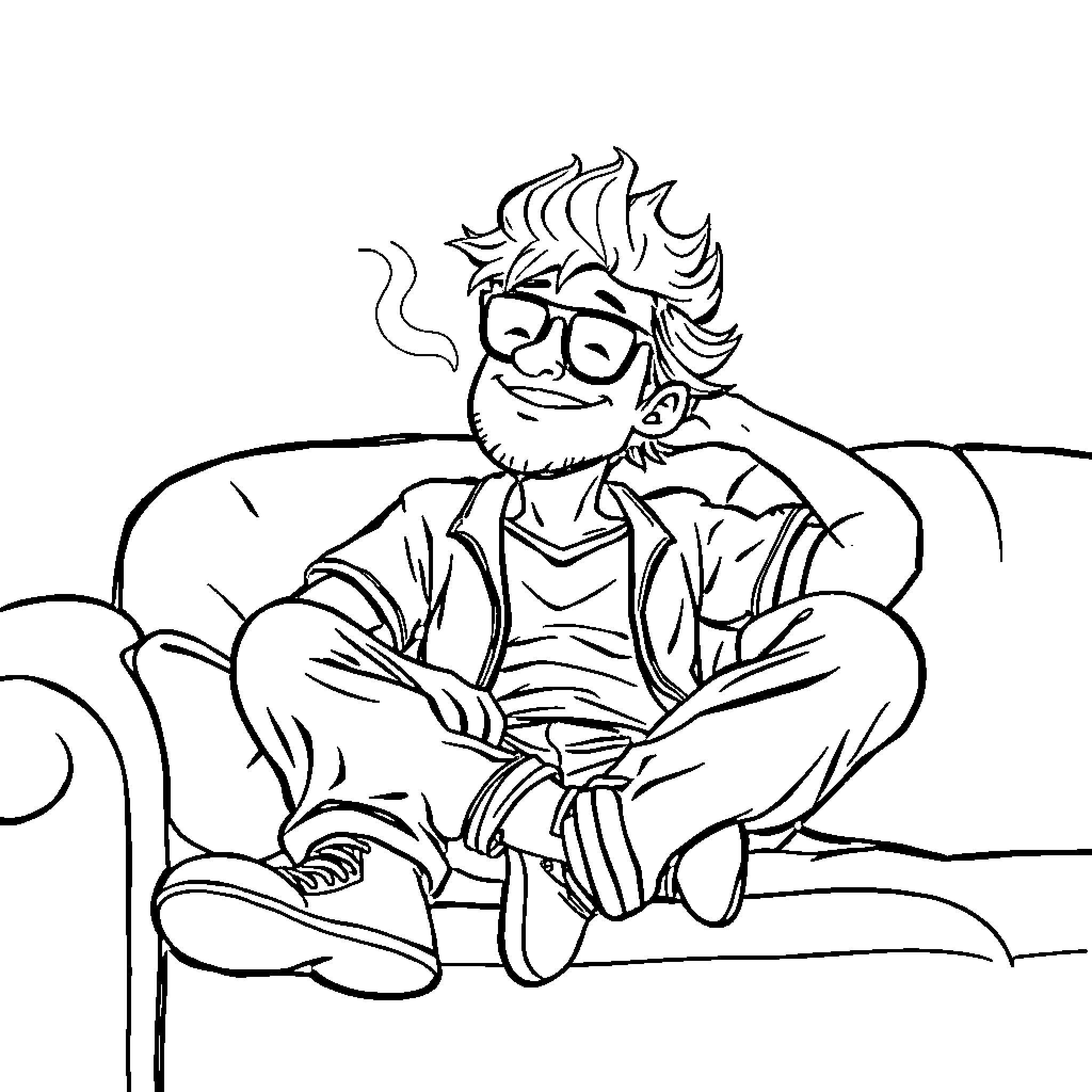 Stoner relaxing on the couch Coloring Page (free black-and-white line drawing printable PDF for all, from beginners to advanced learners, including children, teens, adults, and seniors)