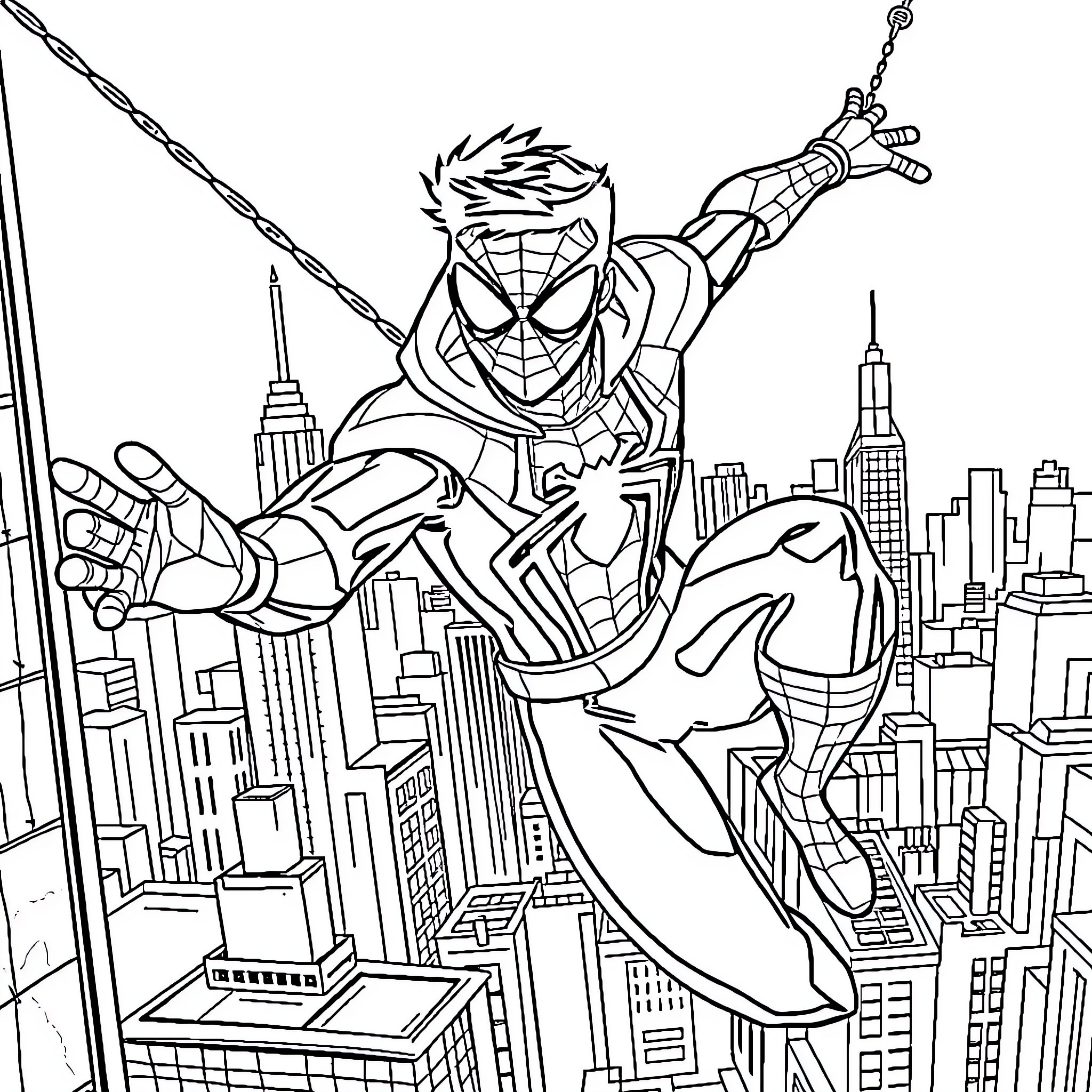 Miles Morales swinging heroically through the city skyline Coloring Page (free black-and-white line drawing printable PDF for all, from beginners to advanced learners, including children, teens, adults, and seniors)