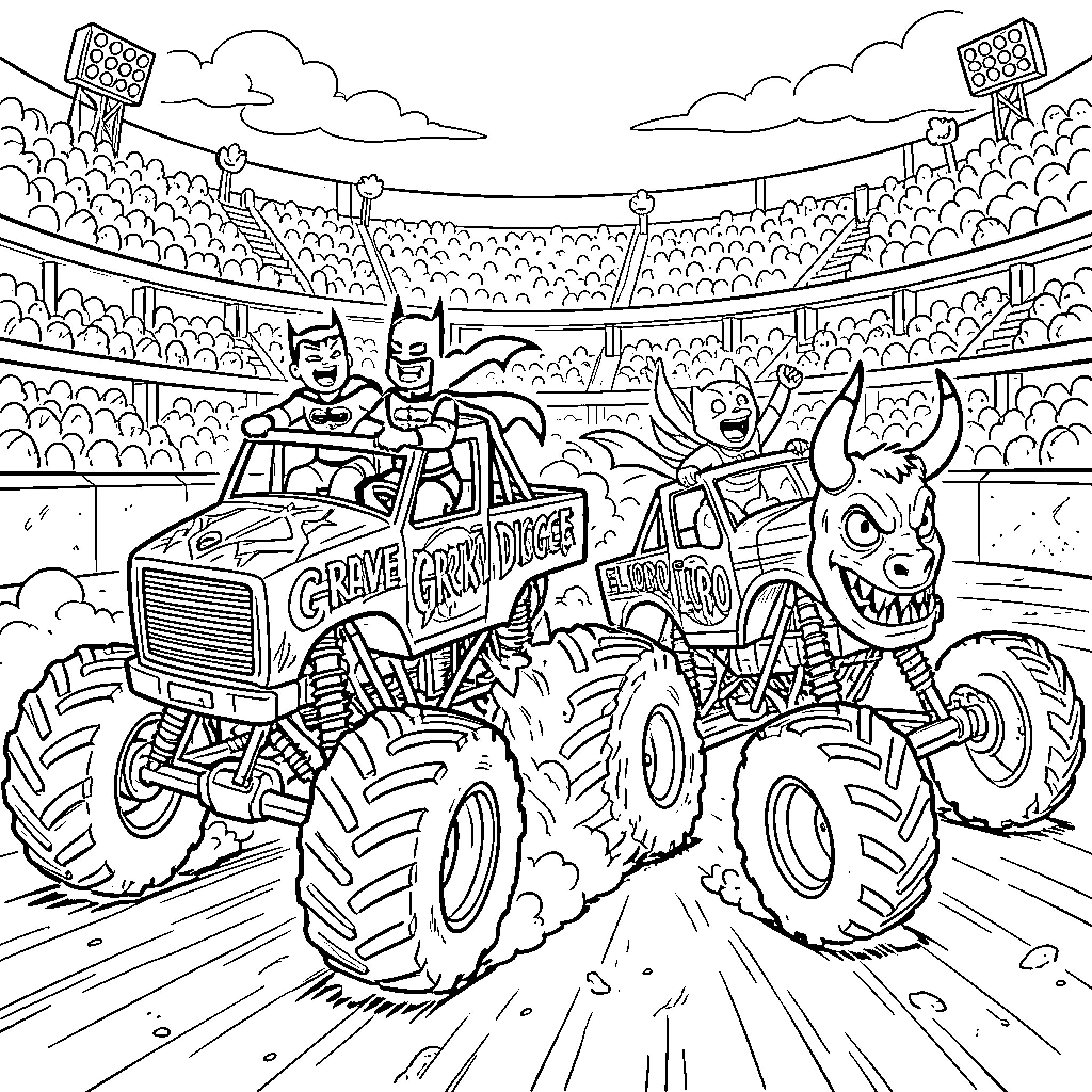 Batman and Sidekick Rampaging in a Monster Truck Arena Coloring Page (free black-and-white line drawing printable PDF for all, from beginners to advanced learners, including children, teens, adults, and seniors)