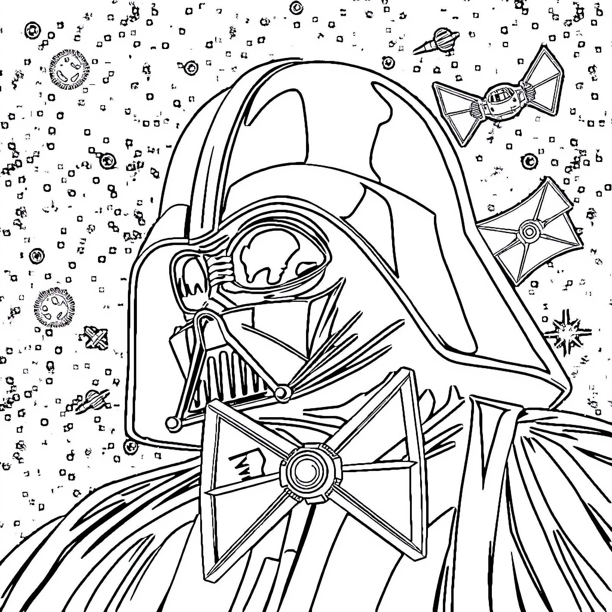 Darth Vader in a cosmic space scene Coloring Page (free black-and-white line drawing printable PDF for all, from beginners to advanced learners, including children, teens, adults, and seniors)