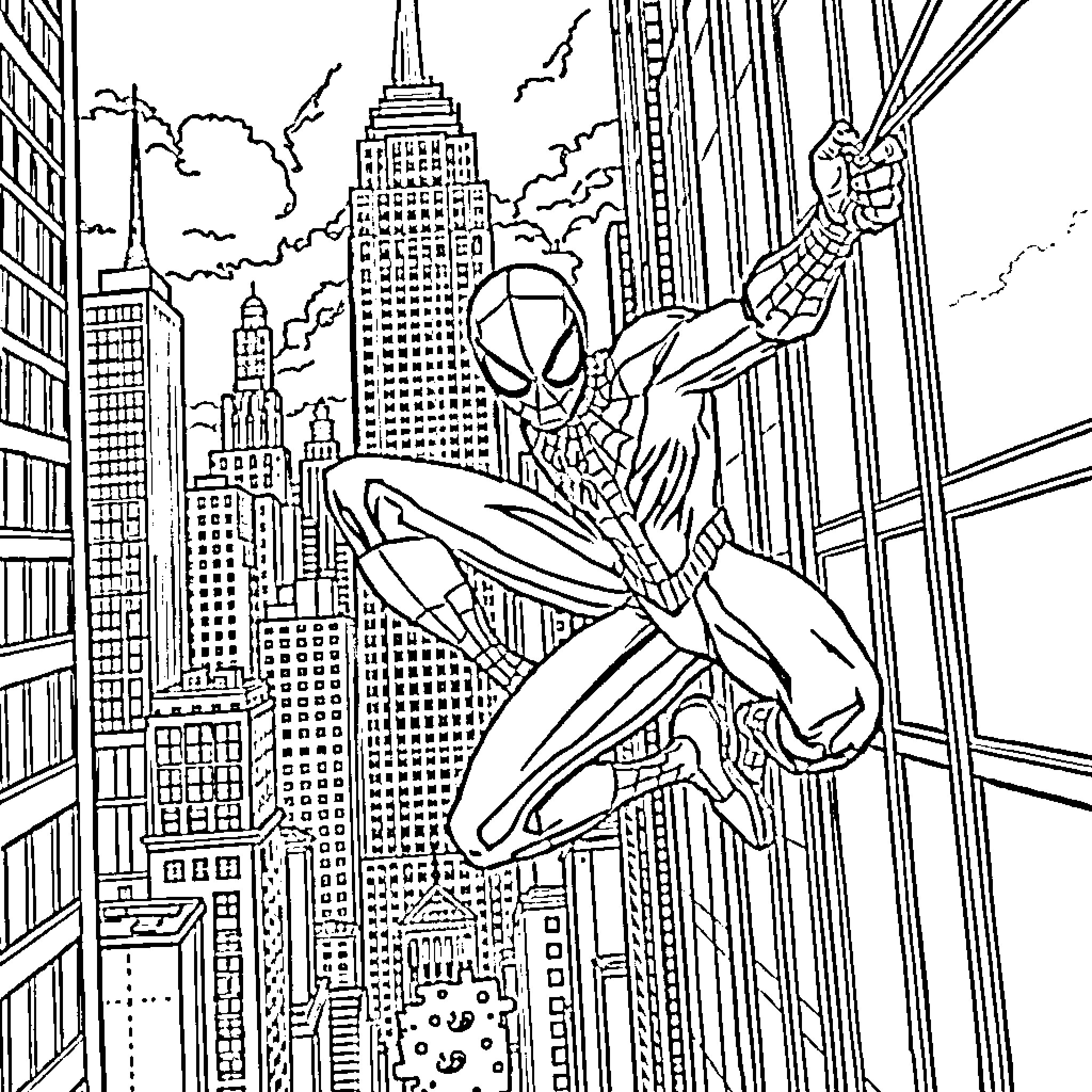 Spiderman swinging through the city skyline Coloring Page (free black-and-white line drawing printable PDF for all, from beginners to advanced learners, including children, teens, adults, and seniors)