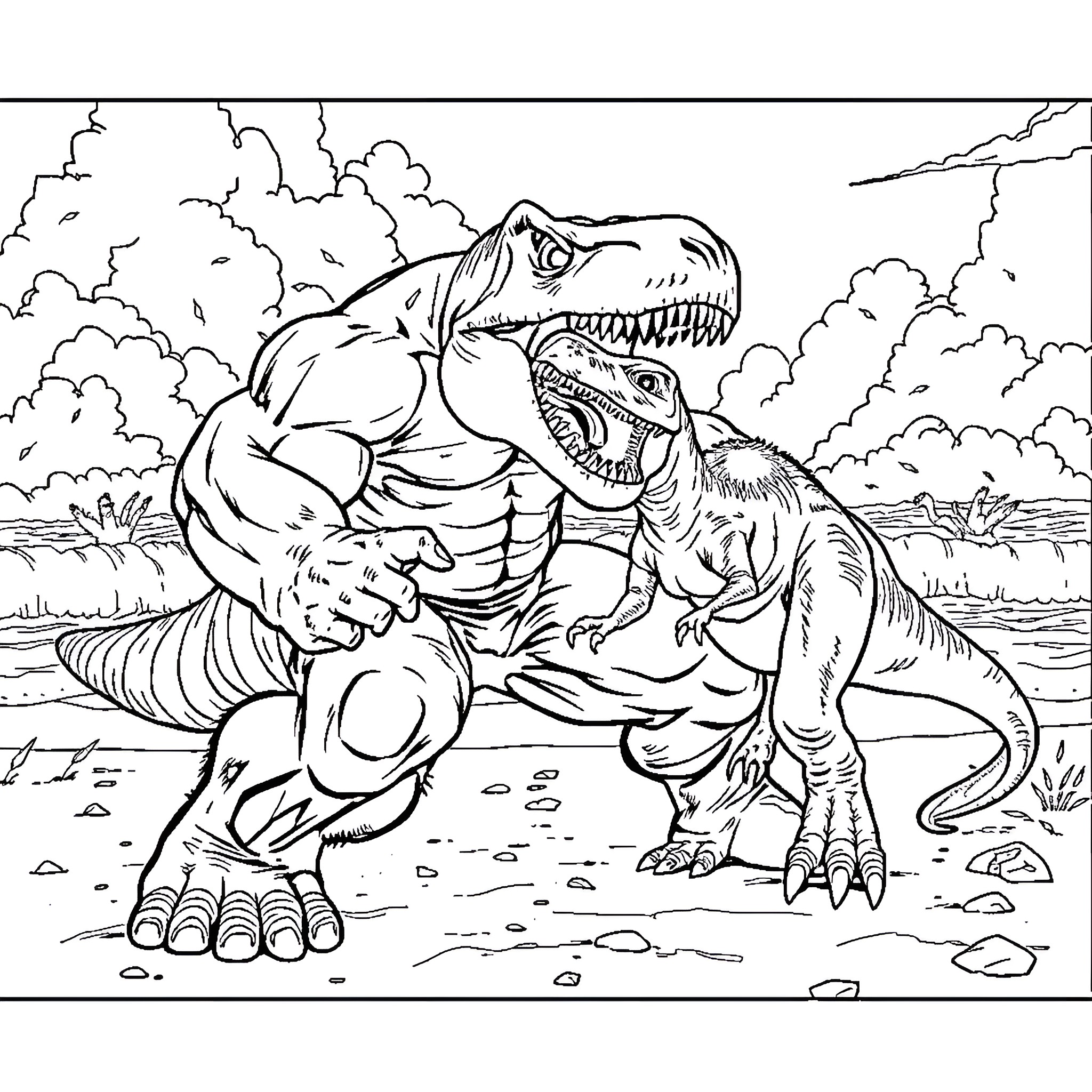 Hulk battles ferocious dinosaur in prehistoric landscape Coloring Page (free black-and-white line drawing printable PDF for all, from beginners to advanced learners, including children, teens, adults, and seniors)
