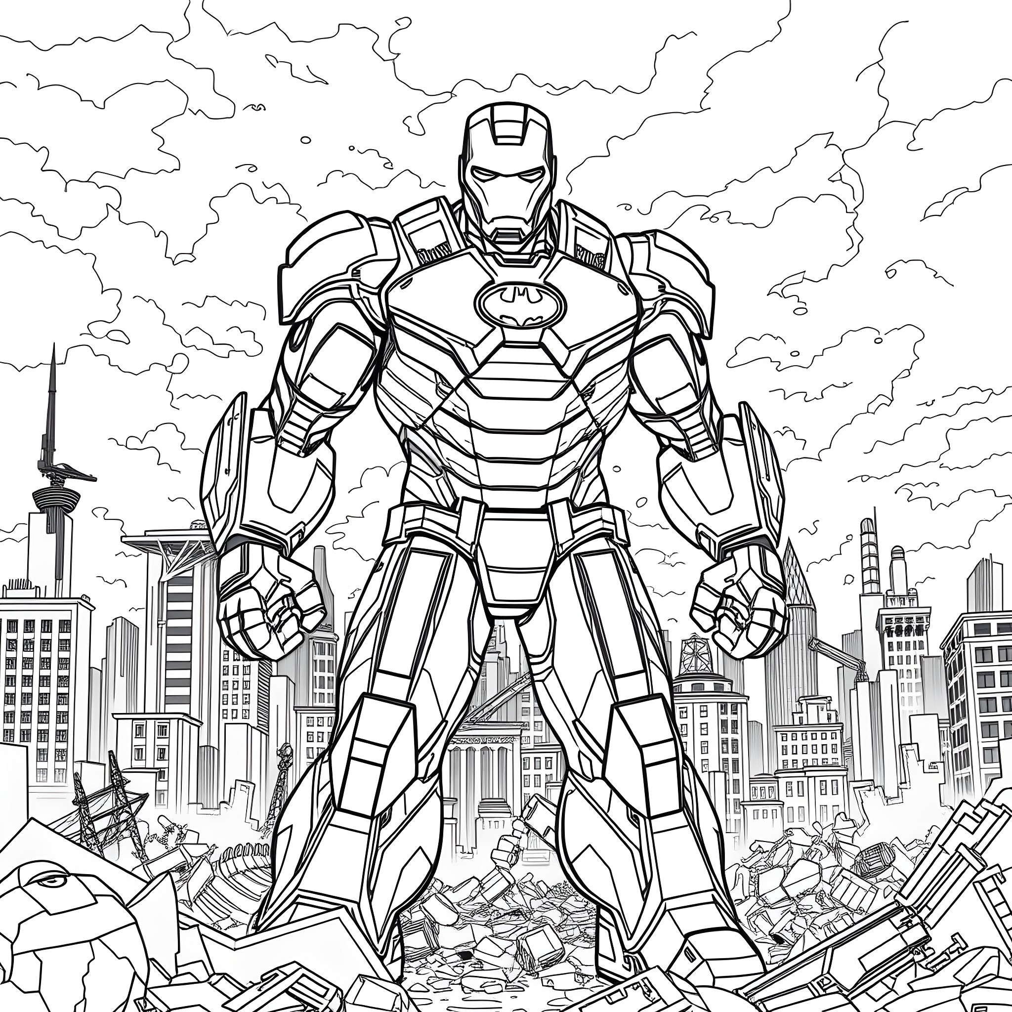 Batman in Heroic Pose Amidst Destruction Coloring Page (free black-and-white line drawing printable PDF for all, from beginners to advanced learners, including children, teens, adults, and seniors)