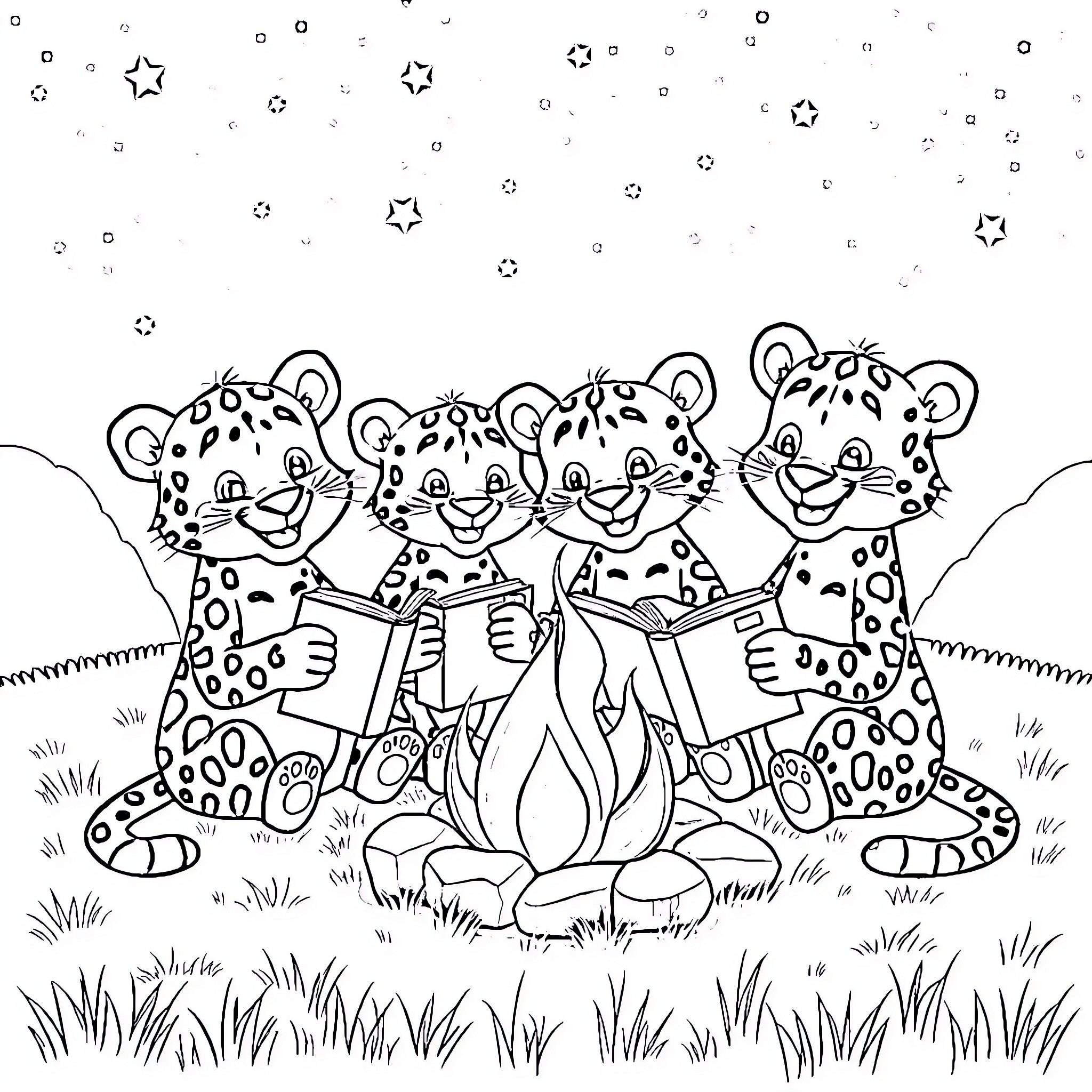 Leopard family gathered around a campfire Coloring Page (free black-and-white line drawing printable PDF for all, from beginners to advanced learners, including children, teens, adults, and seniors)