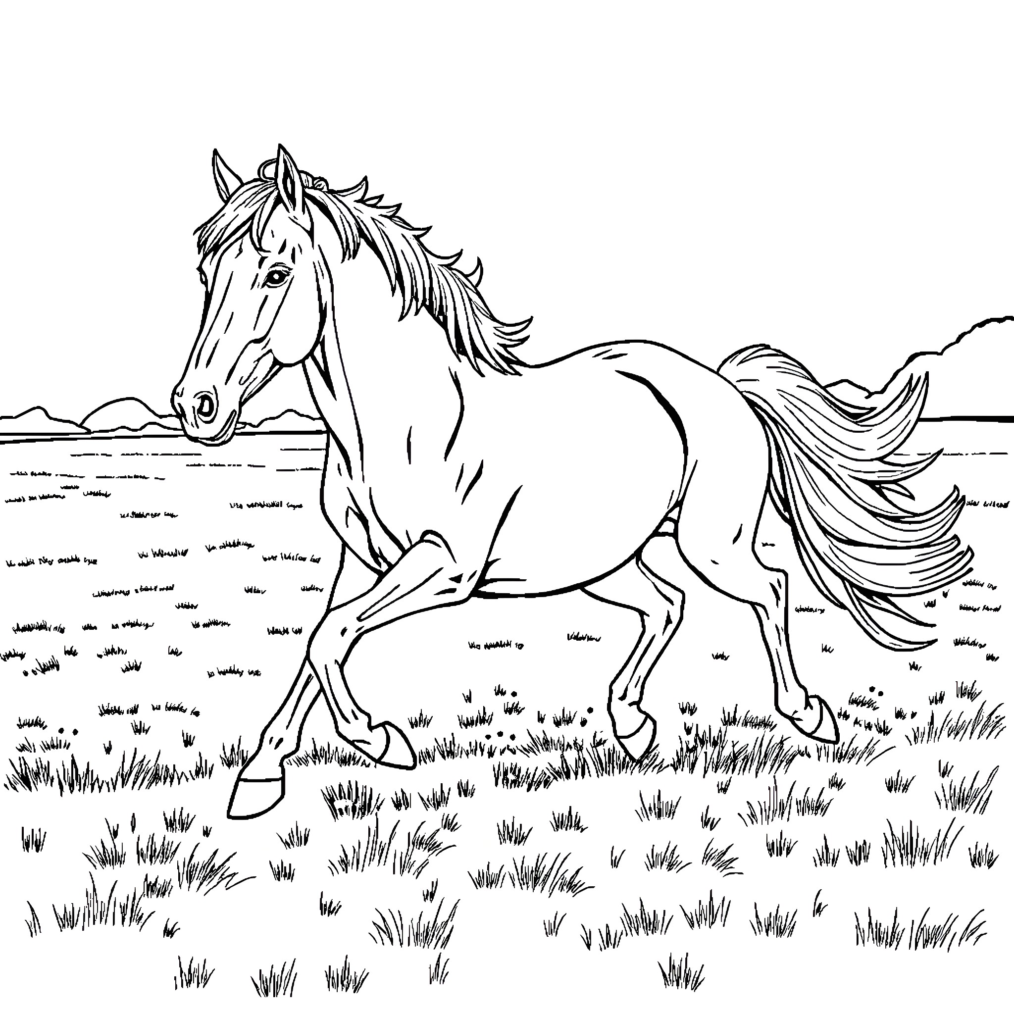 Horse galloping freely in the meadow Coloring Page (free black-and-white line drawing printable PDF for all, from beginners to advanced learners, including children, teens, adults, and seniors)