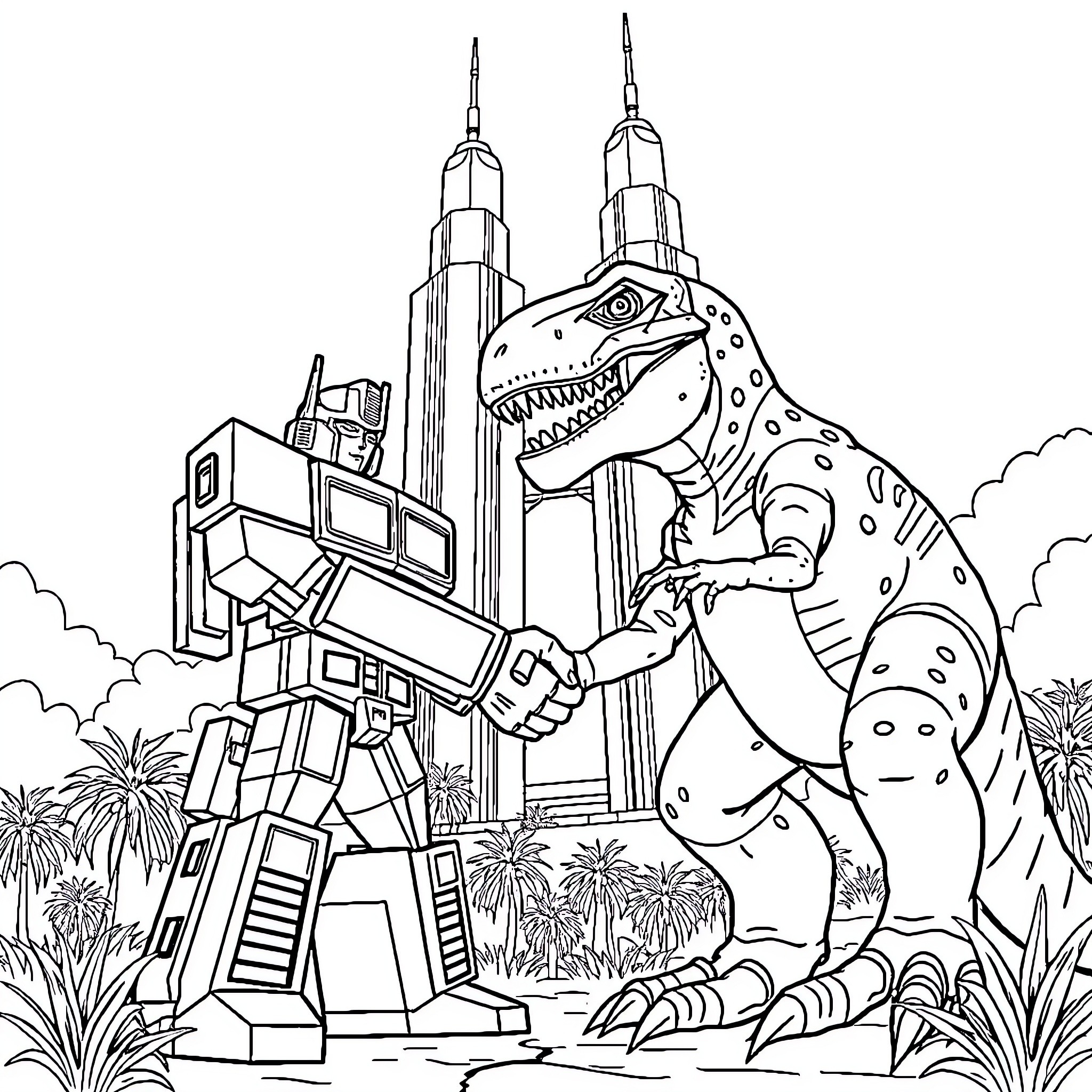 Optimus Prime battles a giant mechanical dinosaur in a futuristic city Coloring Page (free black-and-white line drawing printable PDF for all, from beginners to advanced learners, including children, teens, adults, and seniors)