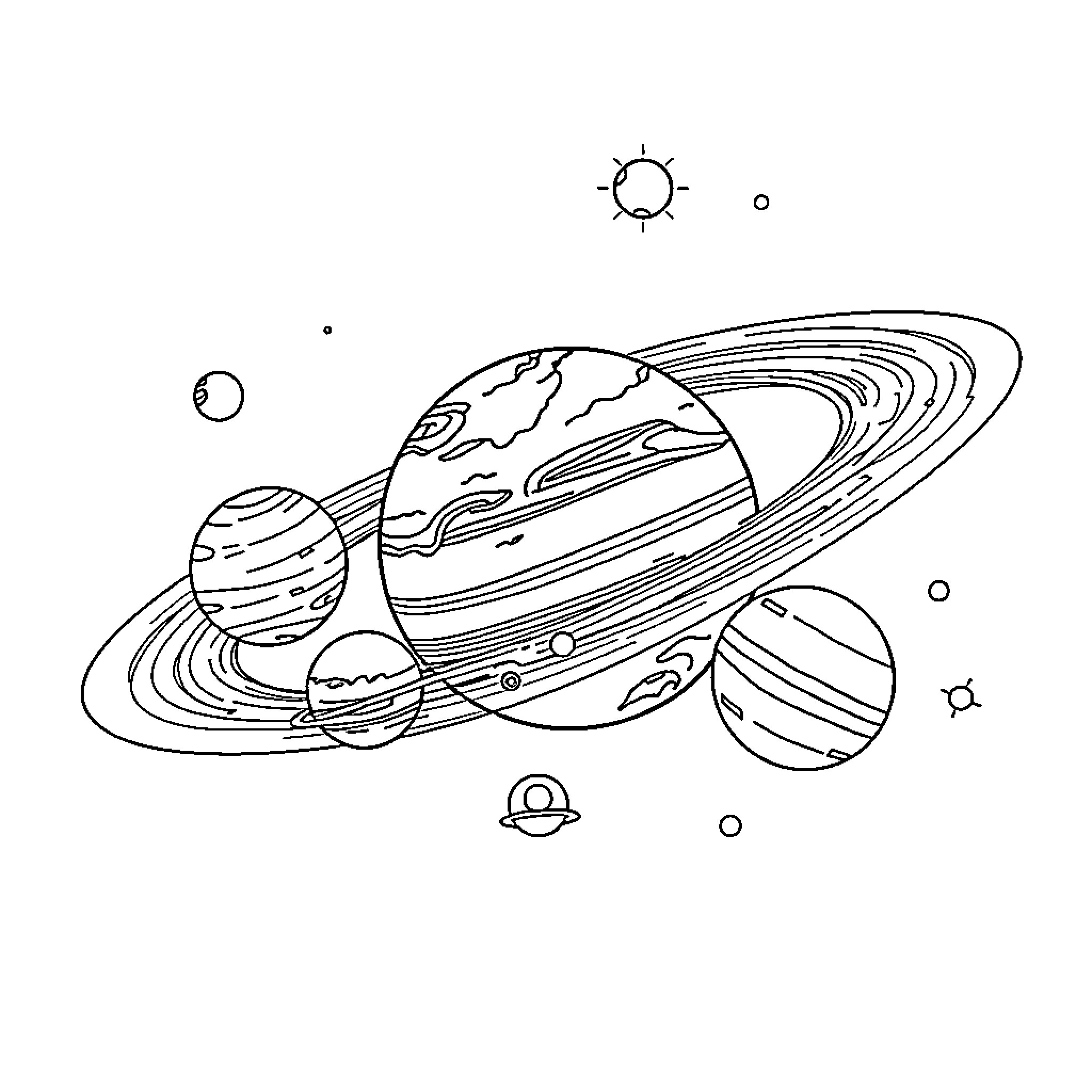 Planet Orbits and Celestial Bodies in Space Coloring Page (free black-and-white line drawing printable PDF for all, from beginners to advanced learners, including children, teens, adults, and seniors)