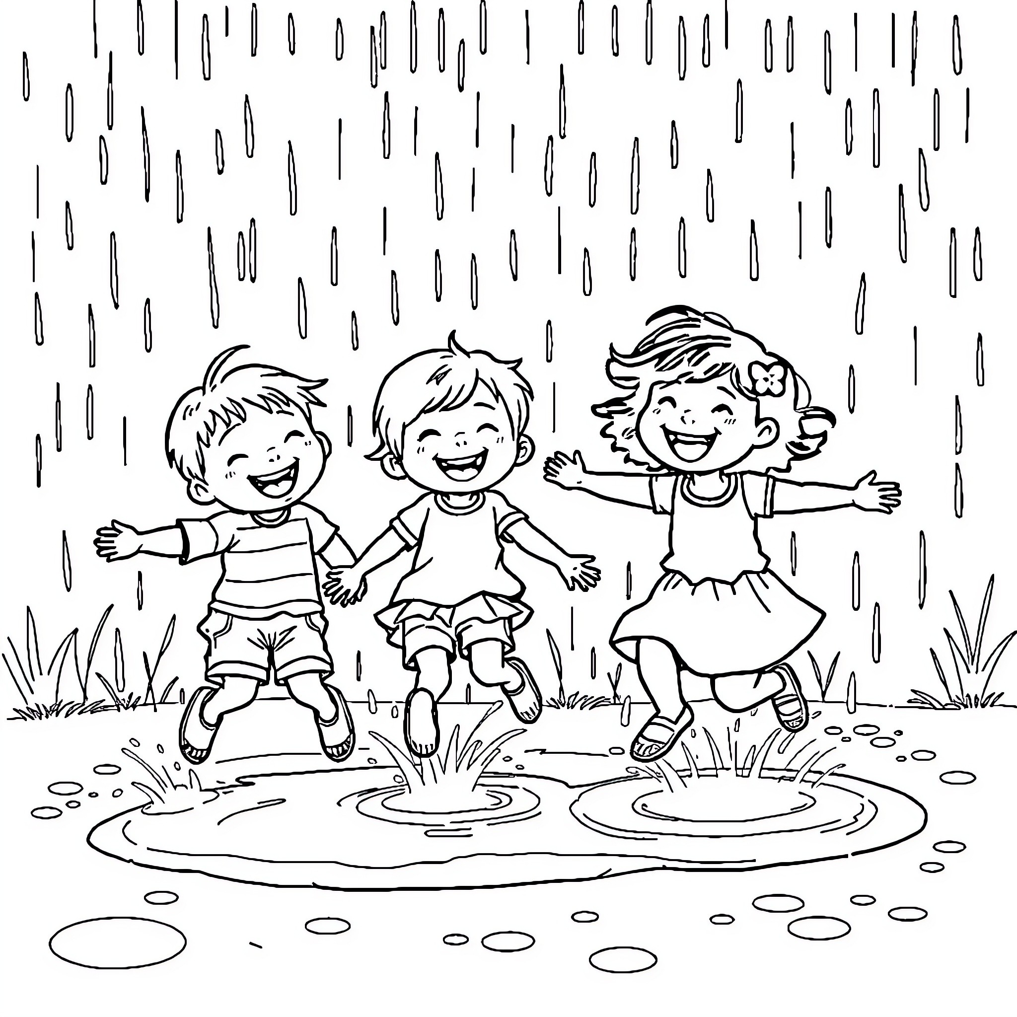 Kid friends playing and jumping in rain Coloring Page (free black-and-white line drawing printable PDF for all, from beginners to advanced learners, including children, teens, adults, and seniors)