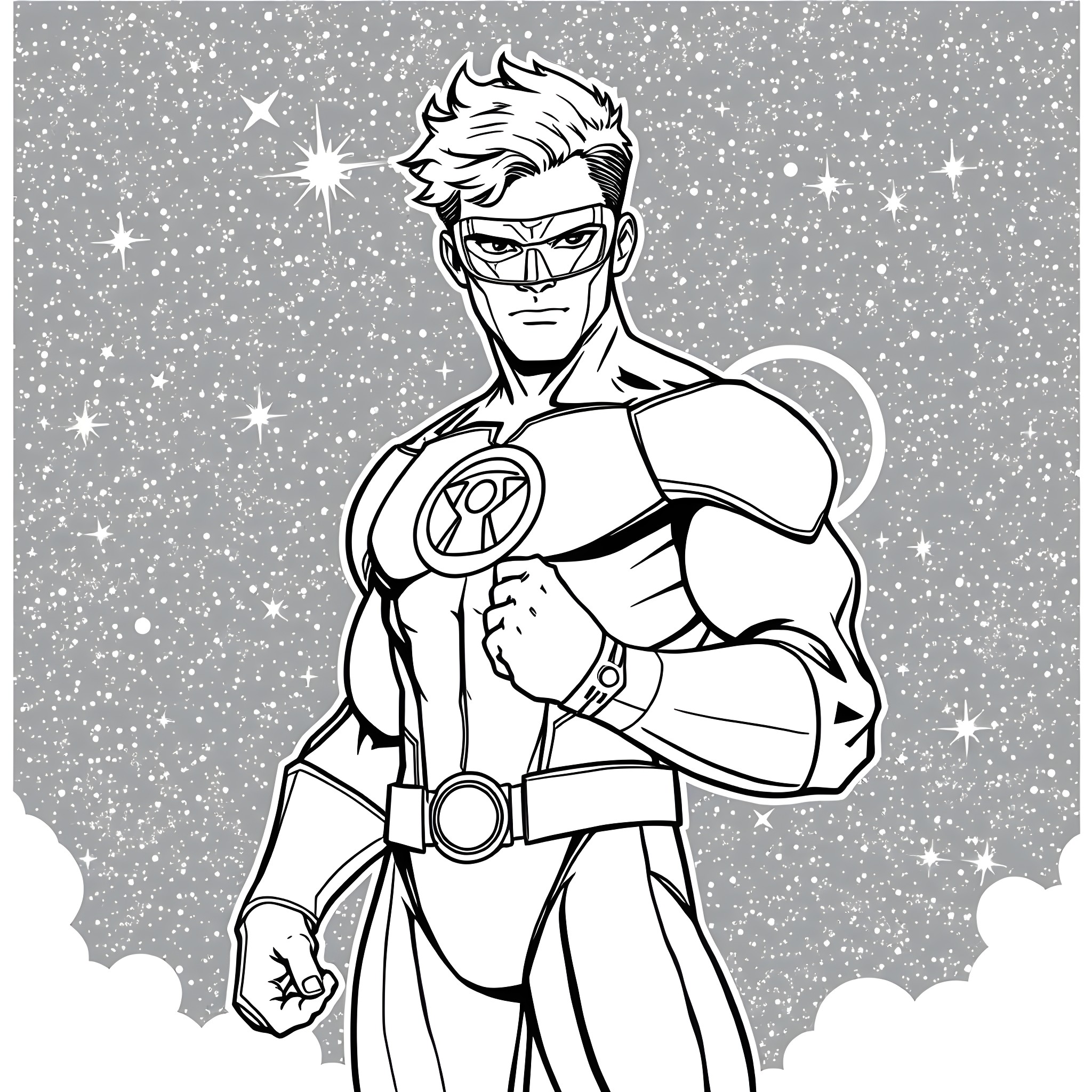 Cyclops superhero in starry space Coloring Page (free black-and-white line drawing printable PDF for all, from beginners to advanced learners, including children, teens, adults, and seniors)