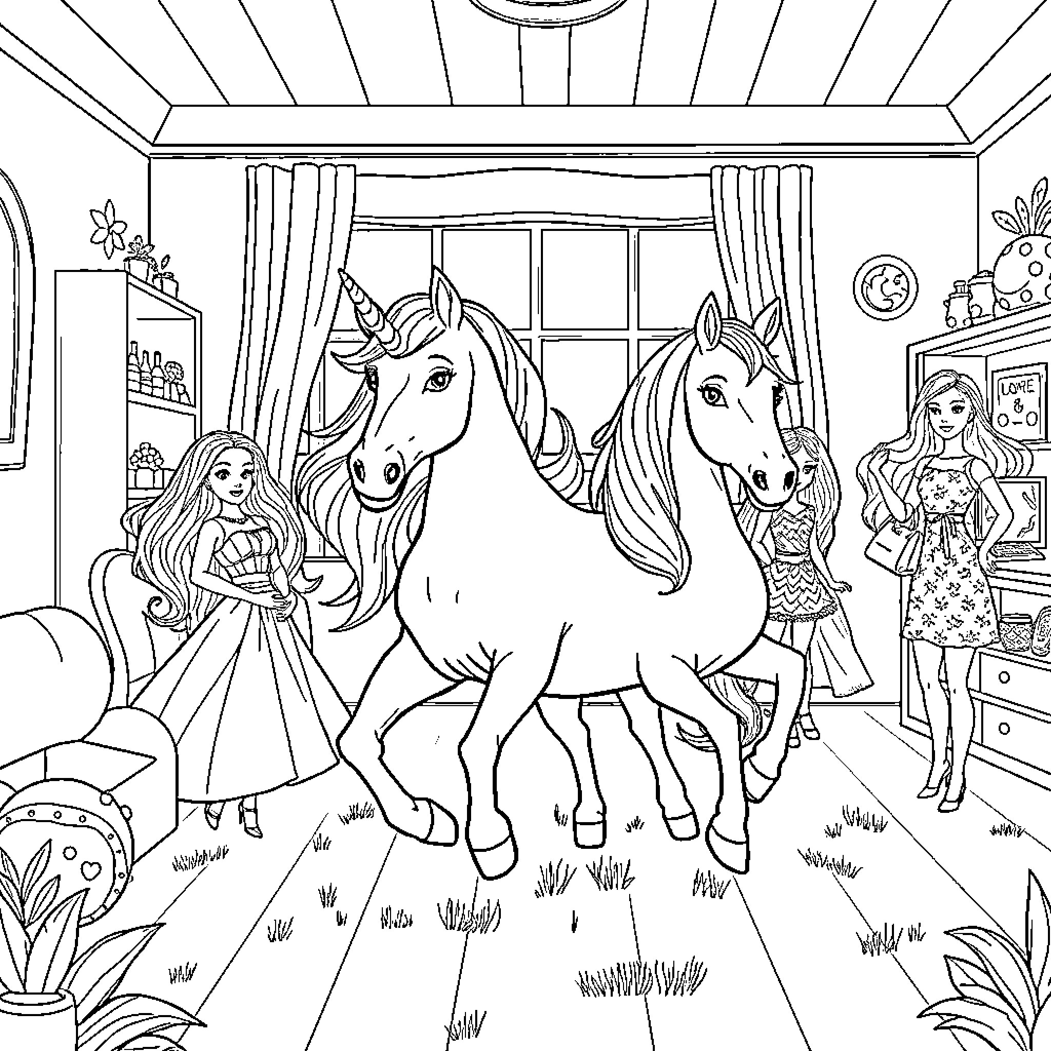 Unicorns frolicking with girls in magical bedroom Coloring Page (free black-and-white line drawing printable PDF for all, from beginners to advanced learners, including children, teens, adults, and seniors)