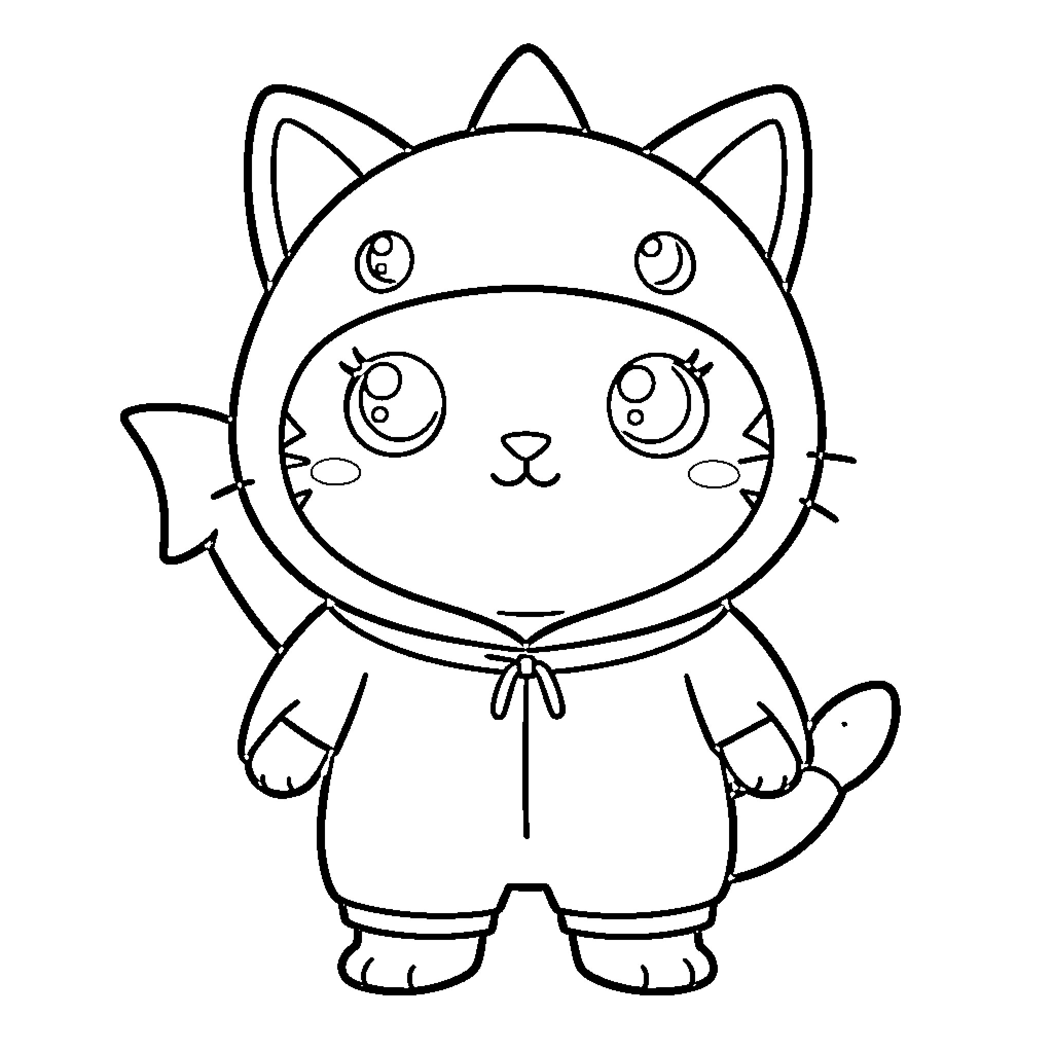 Mofusand Cat wearing a cute animal hooded onesie Coloring Page (free black-and-white line drawing printable PDF for all, from beginners to advanced learners, including children, teens, adults, and seniors)