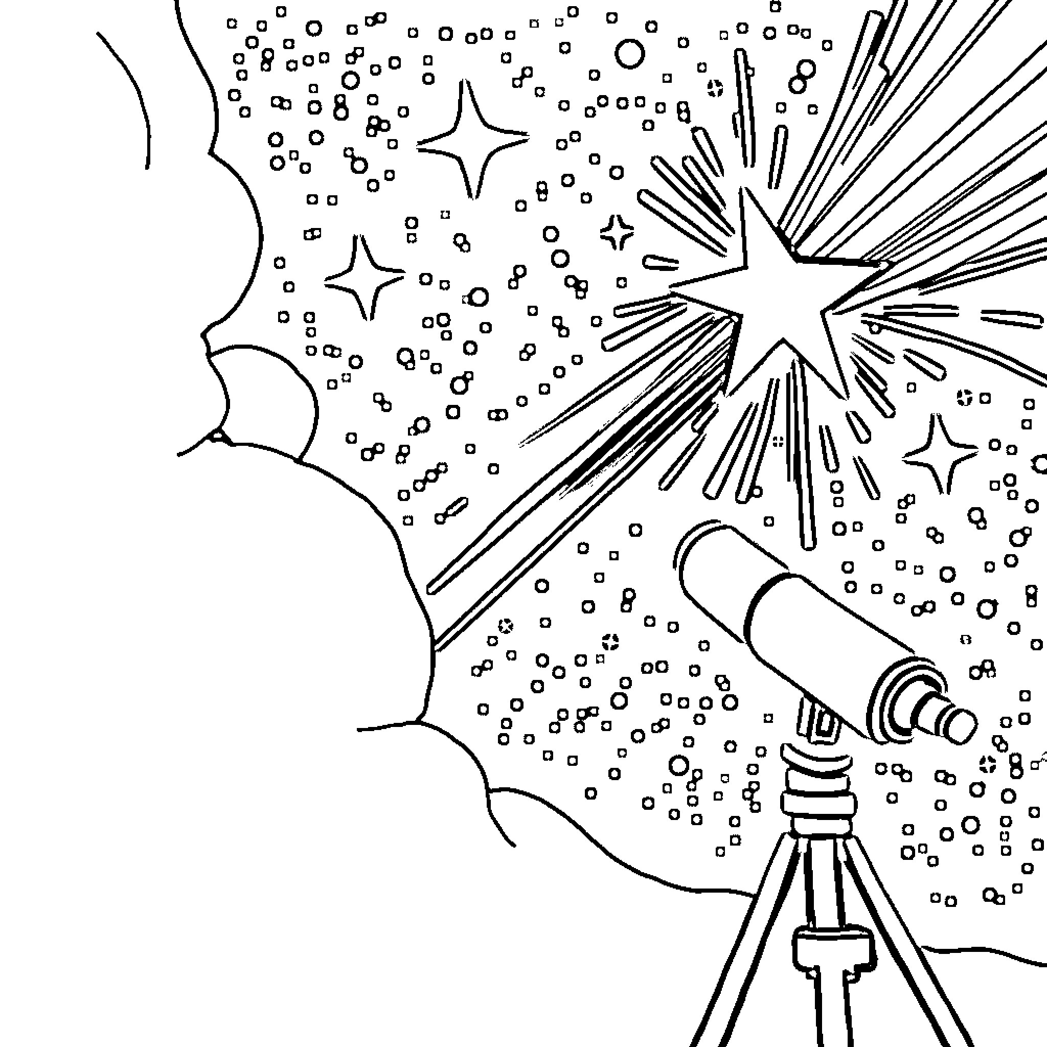 Star-filled Night Sky with Telescope Coloring Page (free black-and-white line drawing printable PDF for all, from beginners to advanced learners, including children, teens, adults, and seniors)