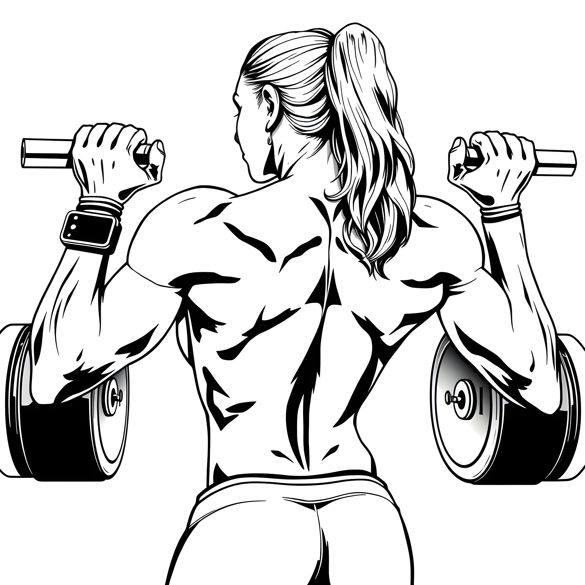 Bodybuilder Lifts Weights with Intense Focus Coloring Page (free black-and-white line drawing printable PDF for all, from beginners to advanced learners, including children, teens, adults, and seniors)