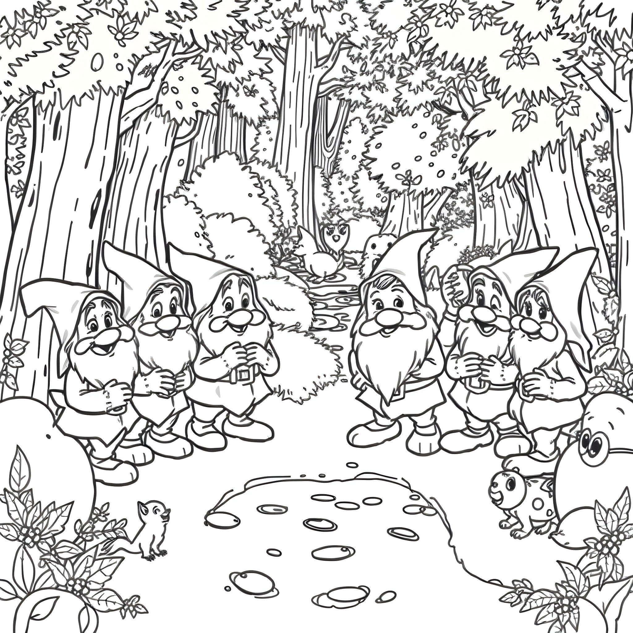 Dwarf characters in a whimsical forest scene Coloring Page (free black-and-white line drawing printable PDF for all, from beginners to advanced learners, including children, teens, adults, and seniors)
