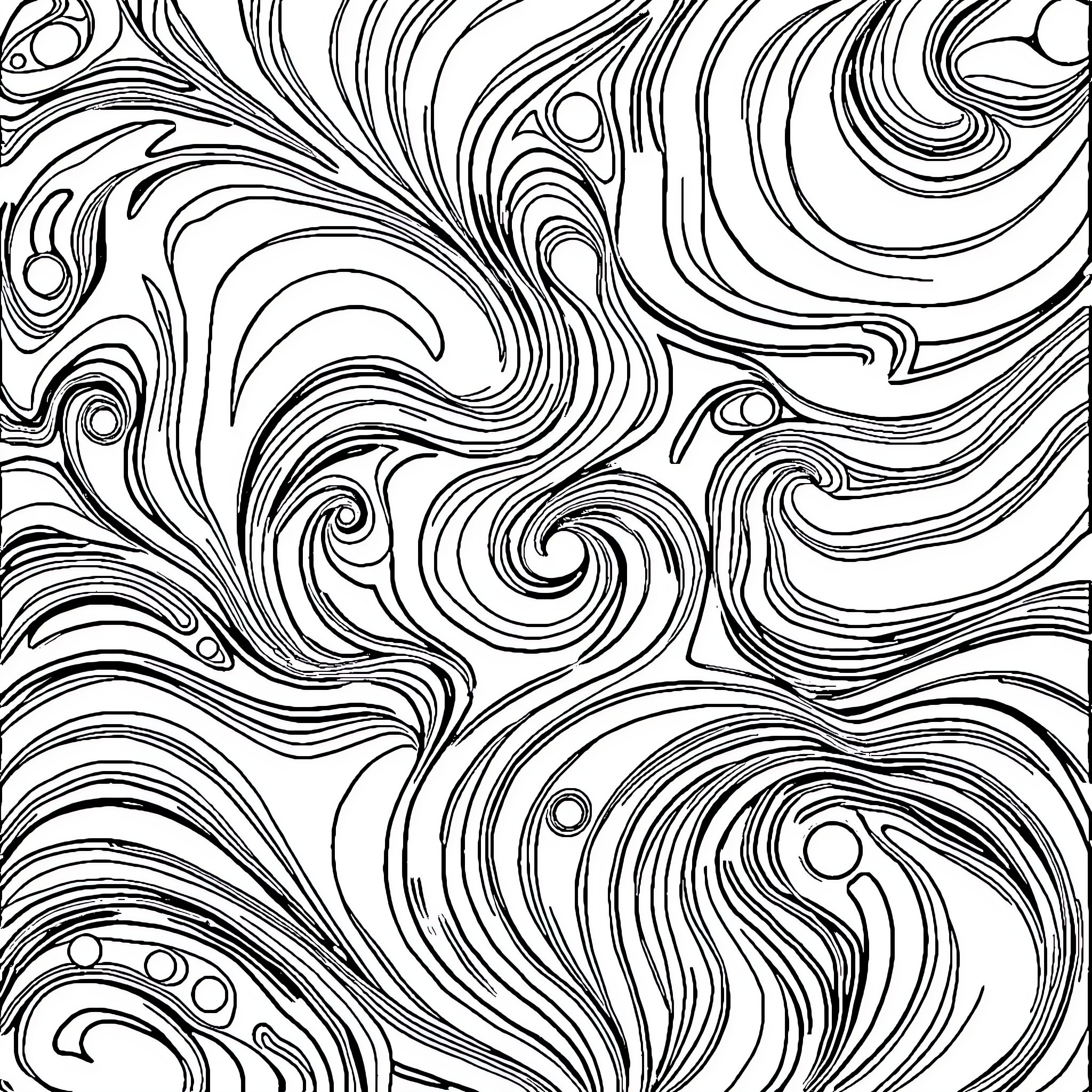 Abstract Flowing Patterns and Swirls Coloring Page (free black-and-white line drawing printable PDF for all, from beginners to advanced learners, including children, teens, adults, and seniors)