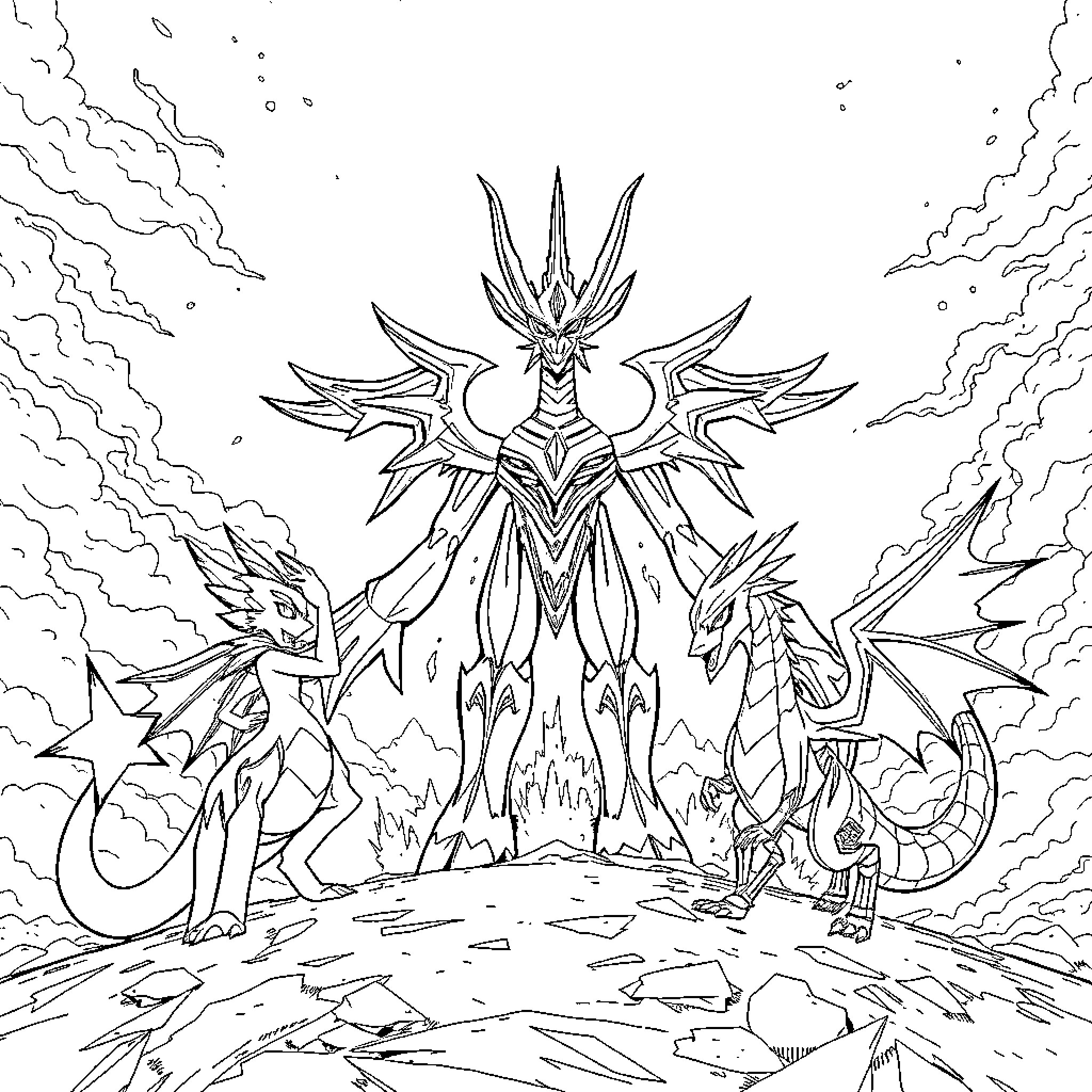 Arceas: Powerful Mythical Creature Wielding Majestic Elemental Powers Coloring Page (free black-and-white line drawing printable PDF for all, from beginners to advanced learners, including children, teens, adults, and seniors)