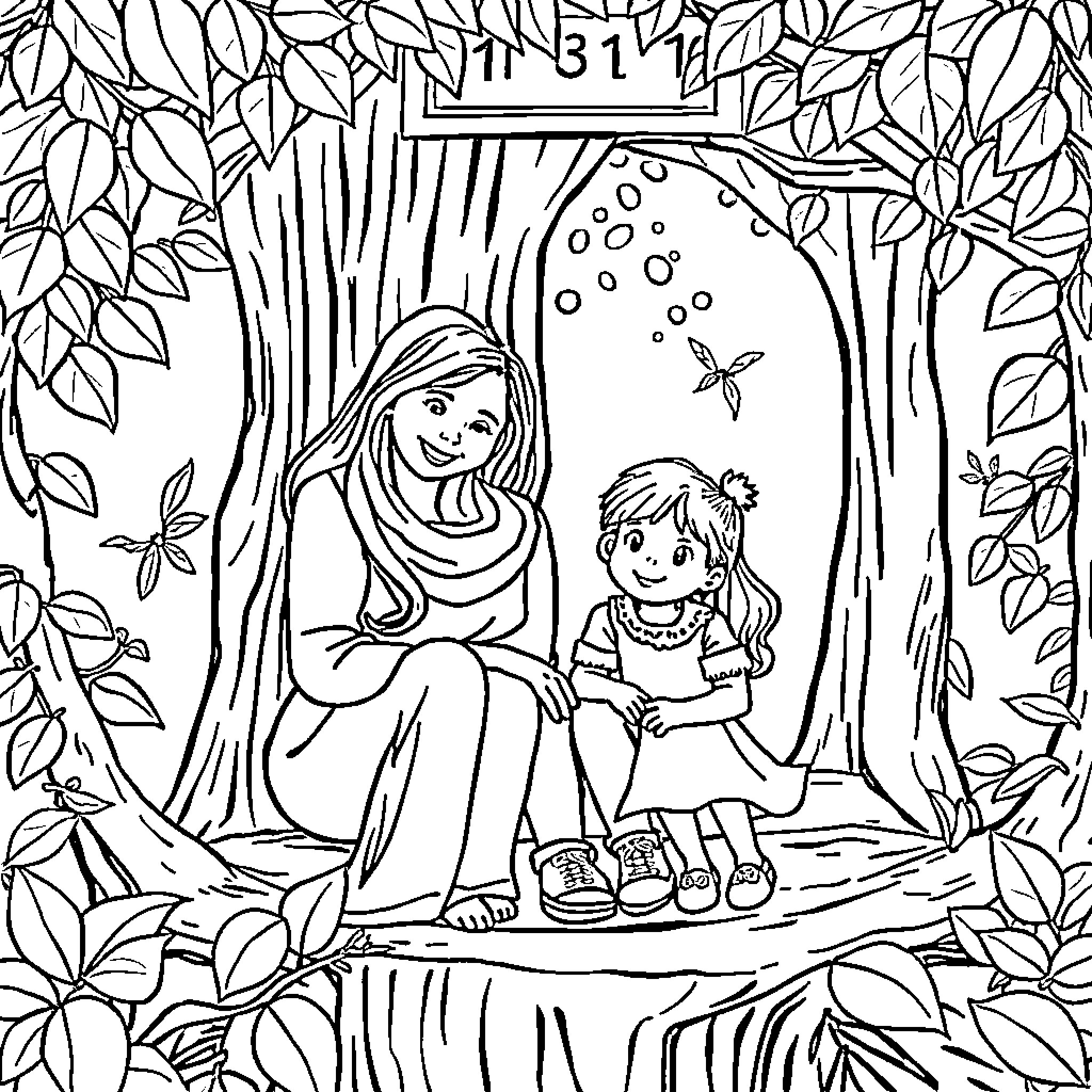 Tree House with Mother and Child in the Forest Coloring Page (free black-and-white line drawing printable PDF for all, from beginners to advanced learners, including children, teens, adults, and seniors)