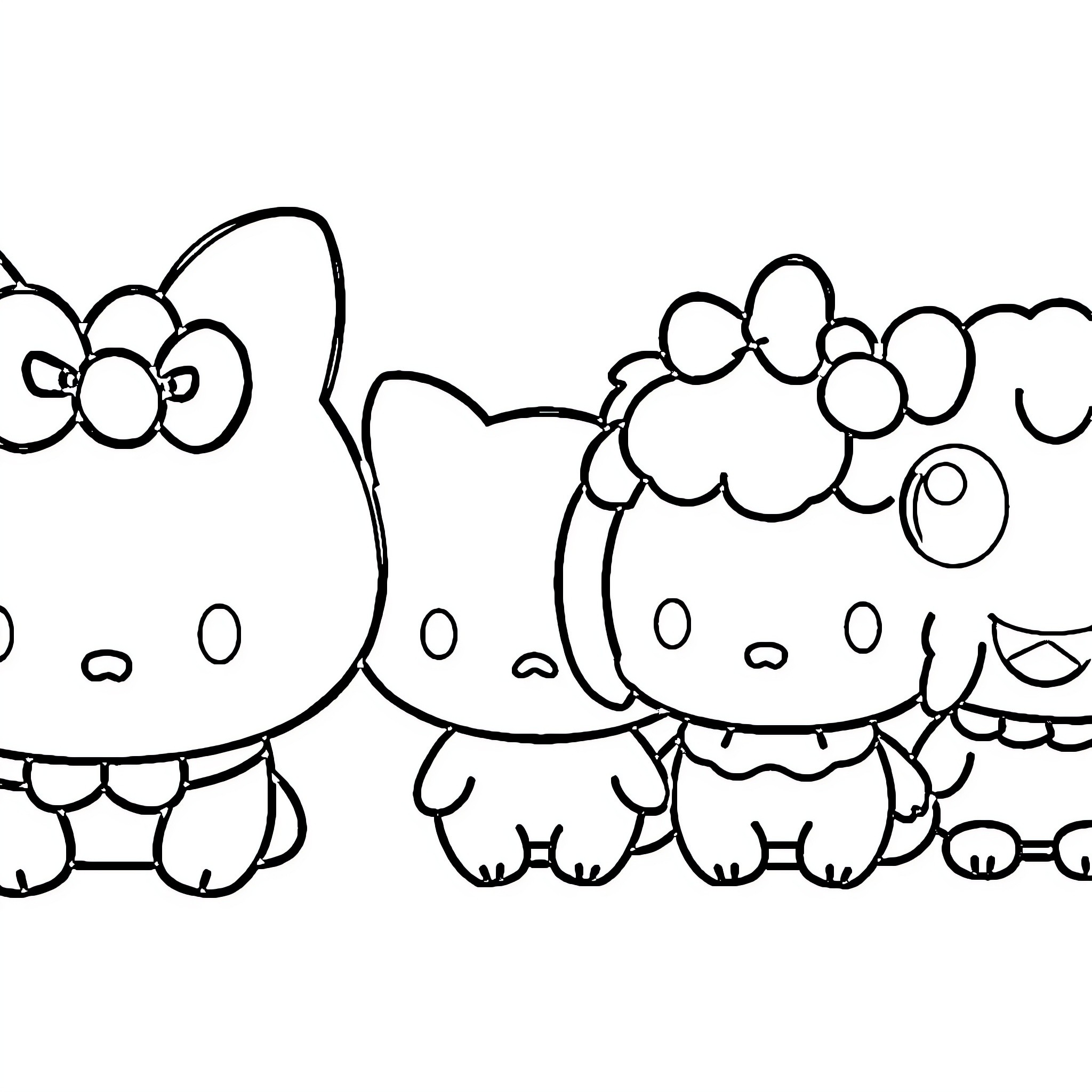 Kawaii Friends Frolicking Playfully Coloring Page (free black-and-white line drawing printable PDF for all, from beginners to advanced learners, including children, teens, adults, and seniors)