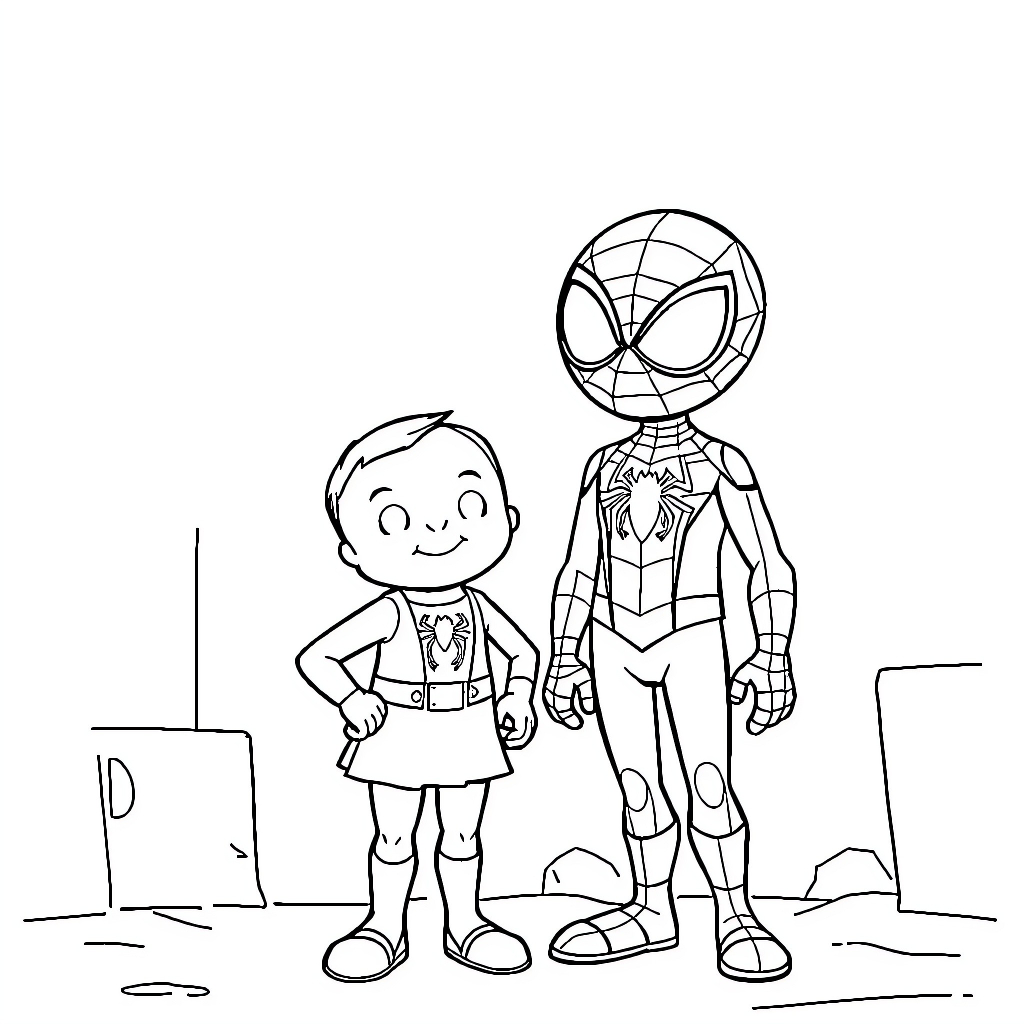 Pinocchio and Spider-Man Playing Together Coloring Page (free black-and-white line drawing printable PDF for all, from beginners to advanced learners, including children, teens, adults, and seniors)