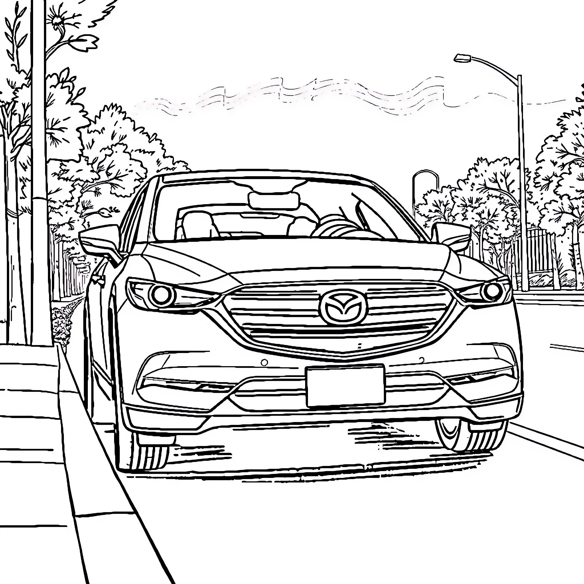 Mazda vehicle driving on a city street Coloring Page (free black-and-white line drawing printable PDF for all, from beginners to advanced learners, including children, teens, adults, and seniors)