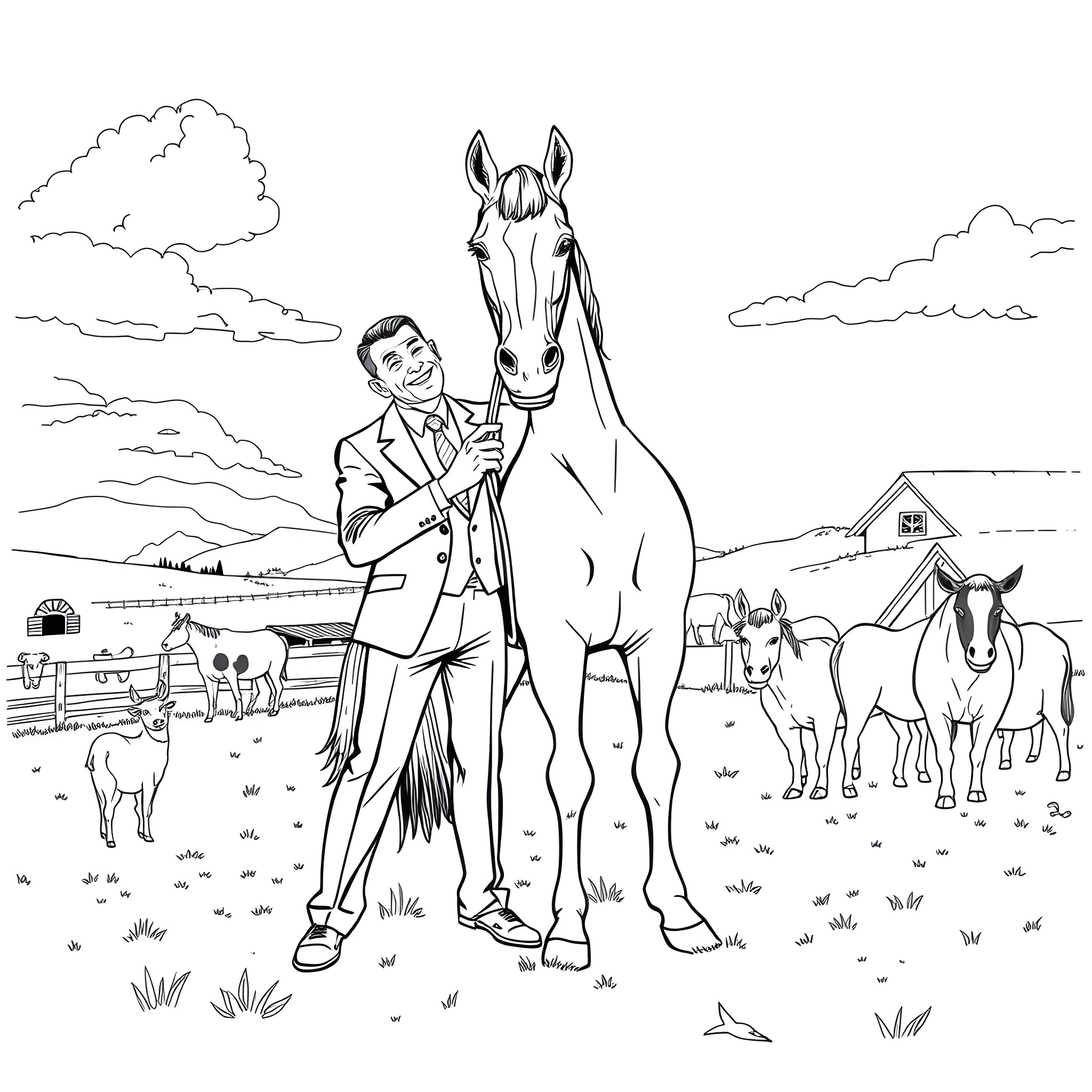 Donald Trump poses with horse on a farm Coloring Page (free black-and-white line drawing printable PDF for all, from beginners to advanced learners, including children, teens, adults, and seniors)