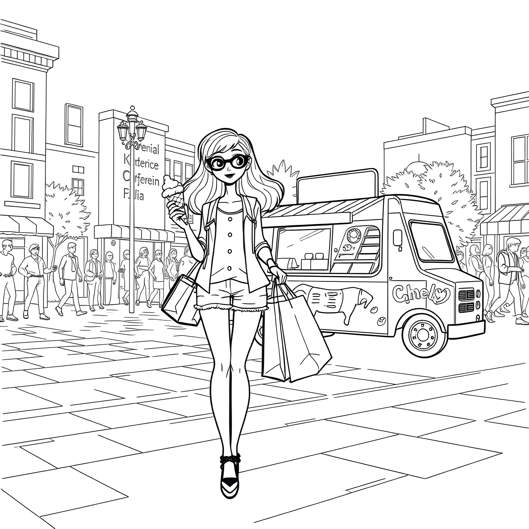 Girl shopping with bags in the city Coloring Page (free black-and-white line drawing printable PDF for all, from beginners to advanced learners, including children, teens, adults, and seniors)