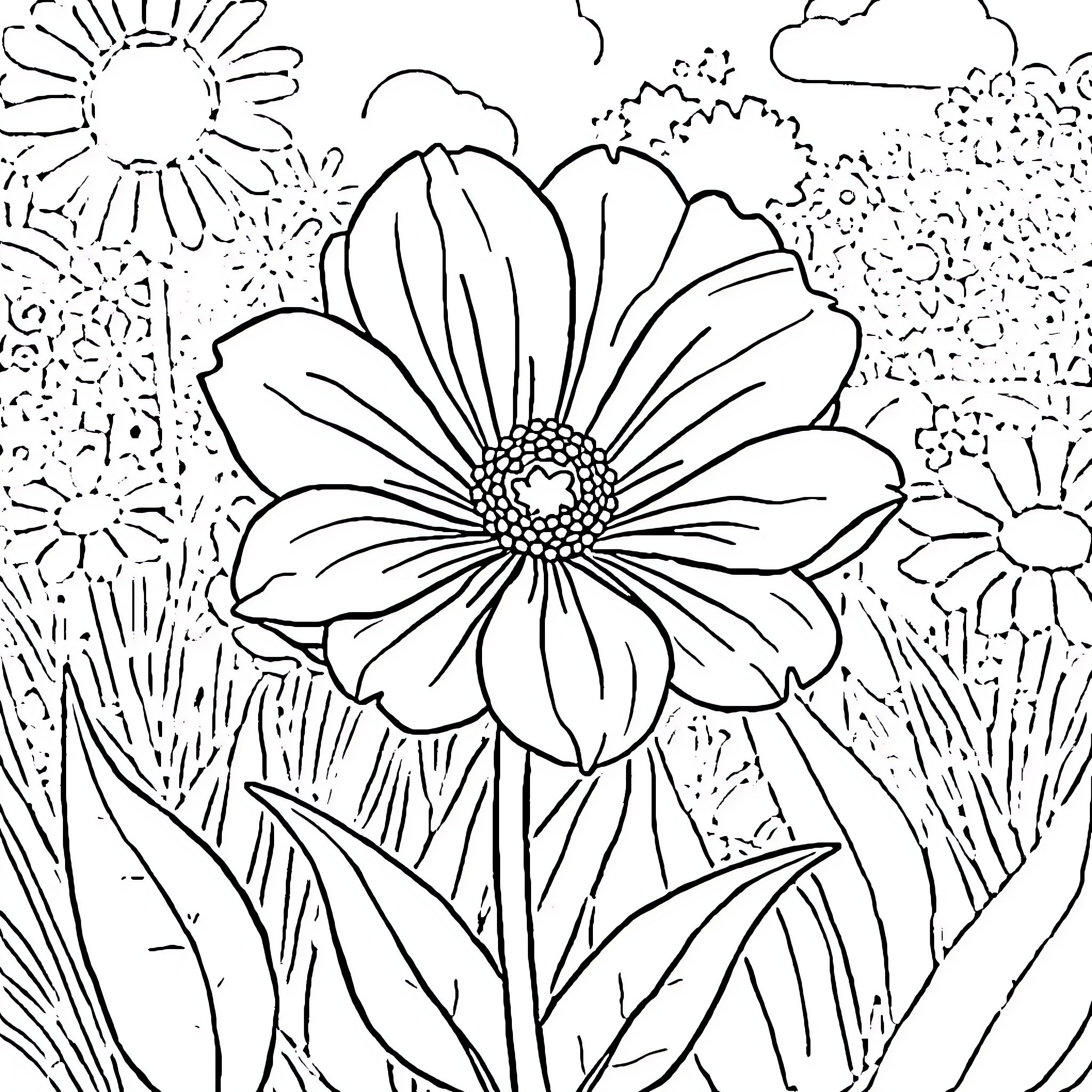 Flower Garden with Vibrant Blossoms Coloring Page (free black-and-white line drawing printable PDF for all, from beginners to advanced learners, including children, teens, adults, and seniors)