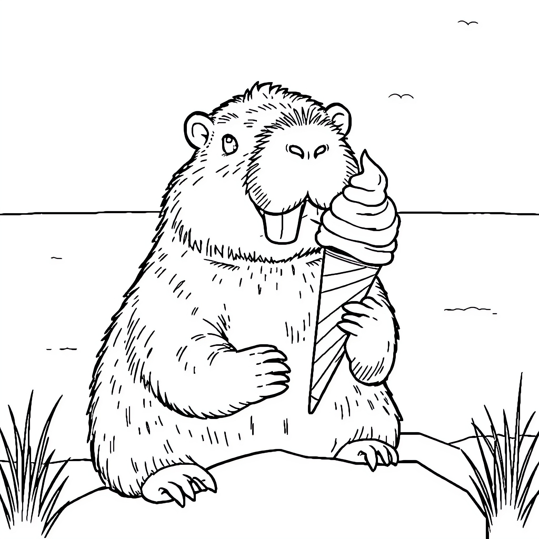 Capybara enjoying a tasty ice cream treat Coloring Page (free black-and-white line drawing printable PDF for all, from beginners to advanced learners, including children, teens, adults, and seniors)