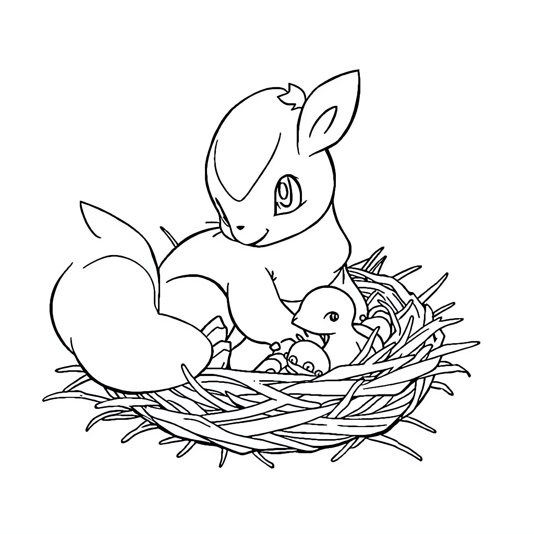 Pokémon characters in a cozy nest Coloring Page (free black-and-white line drawing printable PDF for all, from beginners to advanced learners, including children, teens, adults, and seniors)