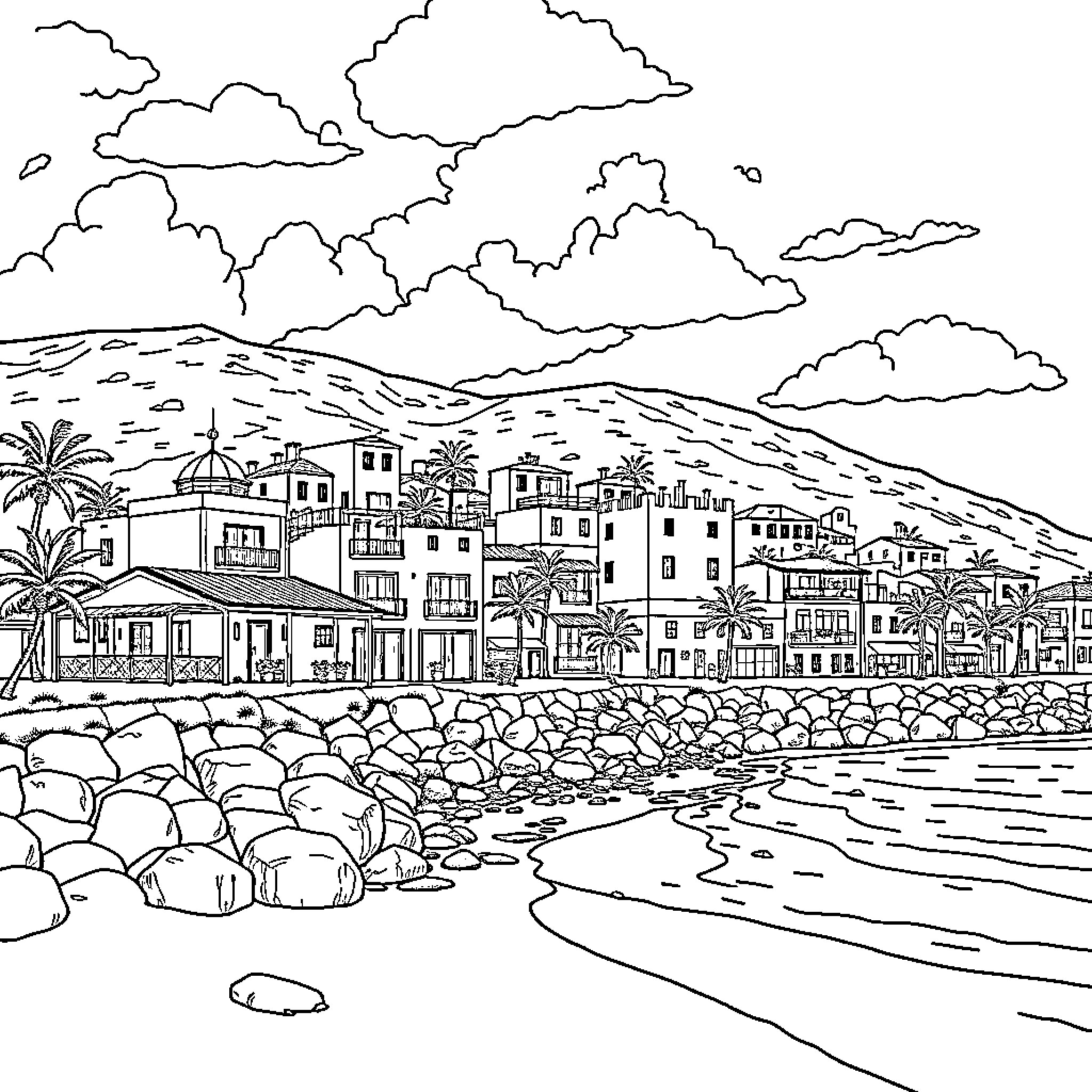 San Blas: Coastal Town with Tropical Scenery Coloring Page (free black-and-white line drawing printable PDF for all, from beginners to advanced learners, including children, teens, adults, and seniors)