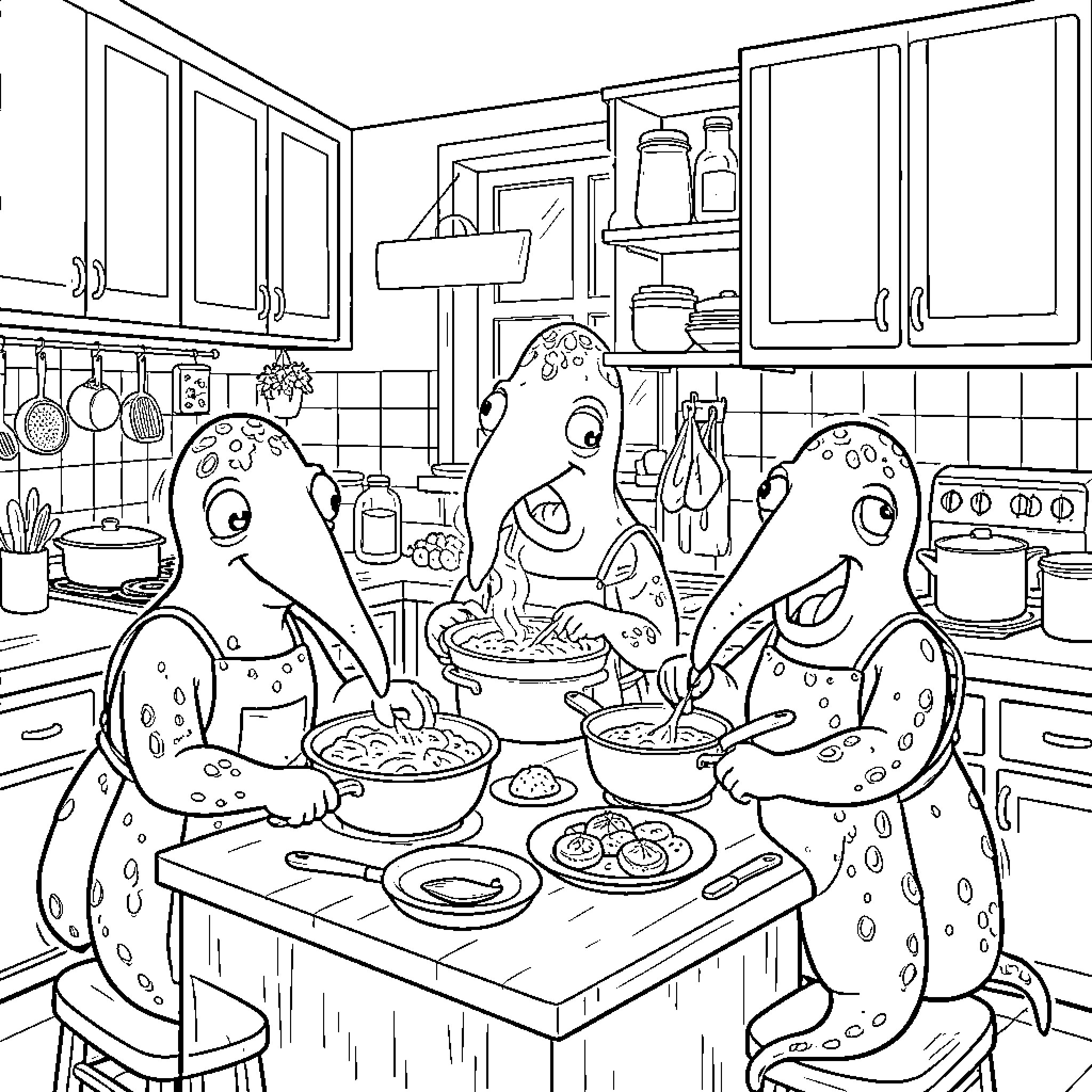 Calamari cooking together in a lively kitchen Coloring Page (free black-and-white line drawing printable PDF for all, from beginners to advanced learners, including children, teens, adults, and seniors)