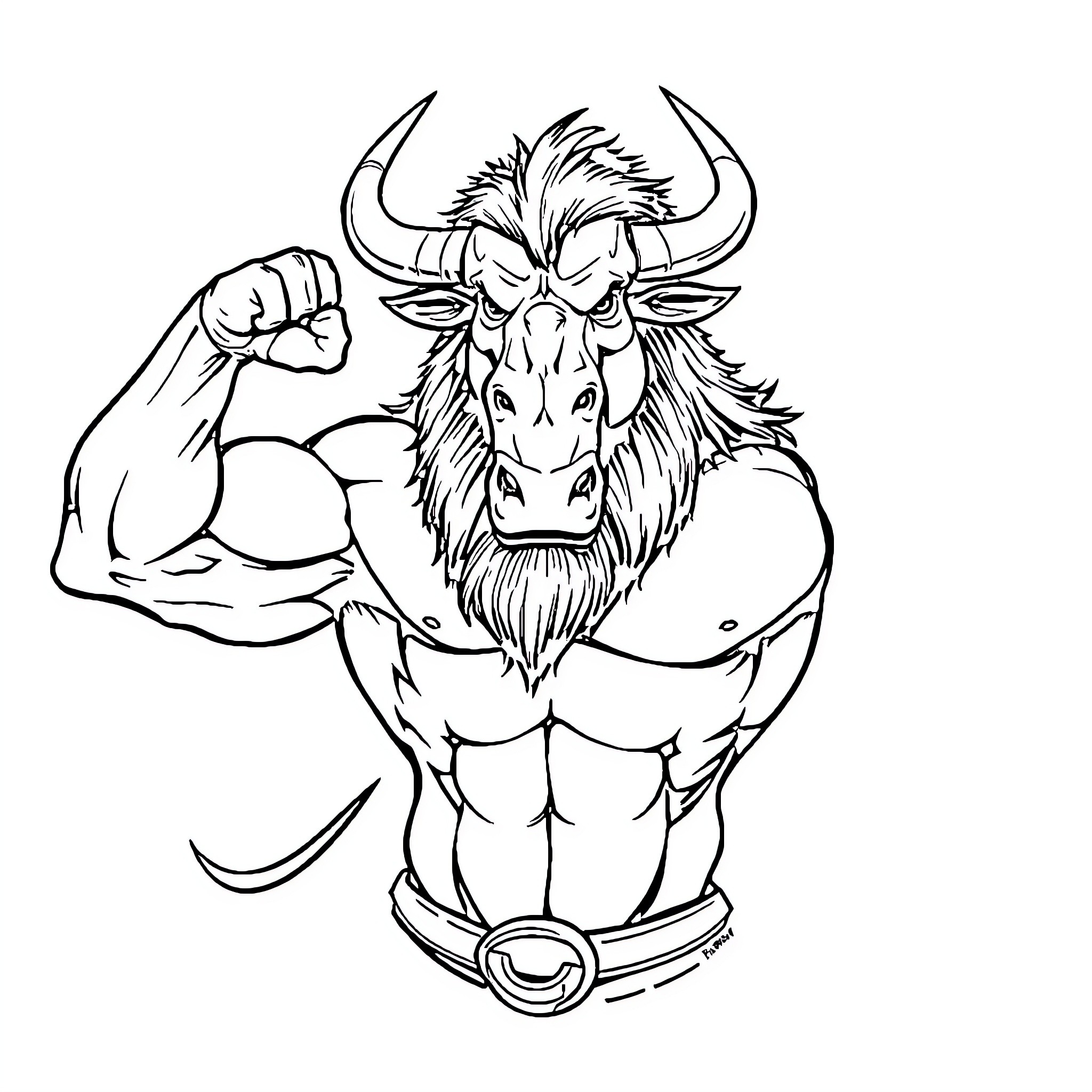 Minotaur flexing muscular physique with fierce expression Coloring Page (free black-and-white line drawing printable PDF for all, from beginners to advanced learners, including children, teens, adults, and seniors)