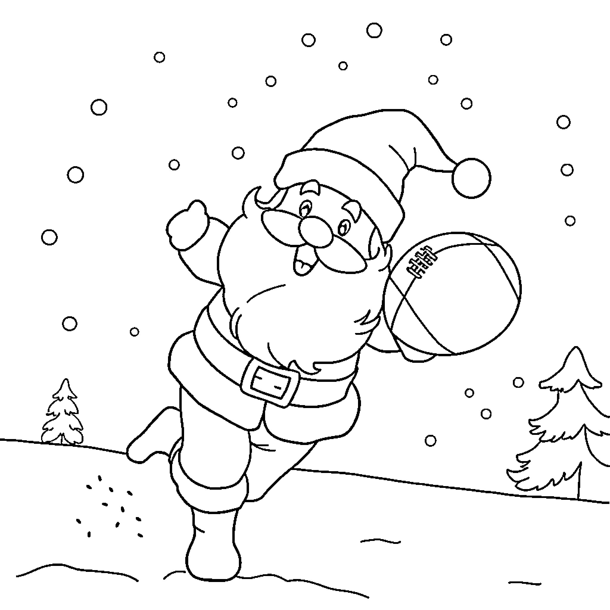 Santa walking joyfully in the snowy winter landscape Coloring Page (free black-and-white line drawing printable PDF for all, from beginners to advanced learners, including children, teens, adults, and seniors)