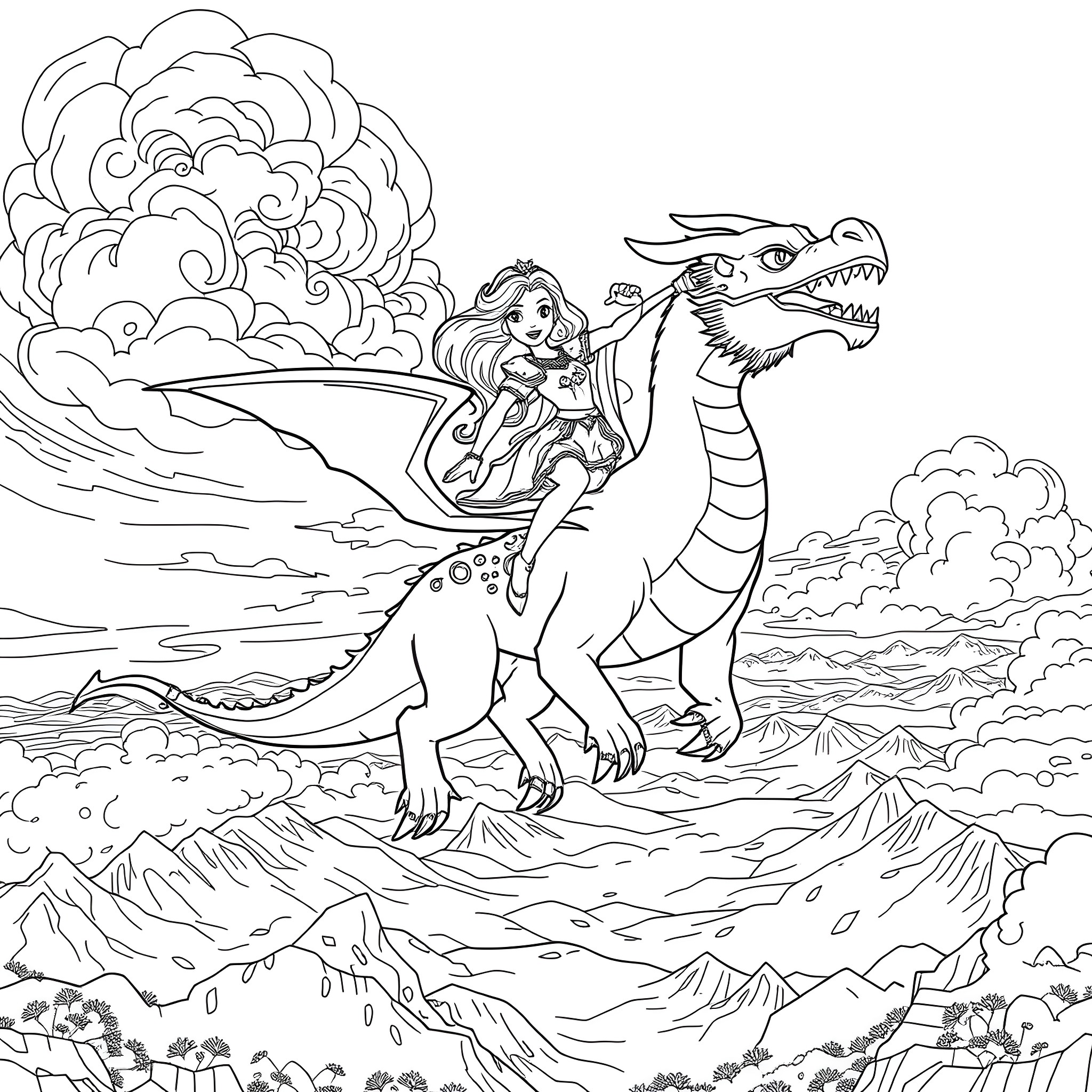 Elena riding a dragon through a magical landscape Coloring Page (free black-and-white line drawing printable PDF for all, from beginners to advanced learners, including children, teens, adults, and seniors)