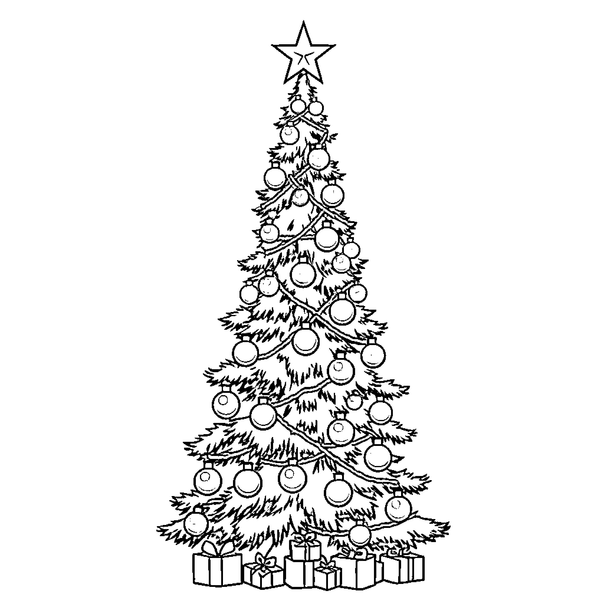 Christmas Tree Decorated with Ornaments and Gifts Coloring Page (free black-and-white line drawing printable PDF for all, from beginners to advanced learners, including children, teens, adults, and seniors)