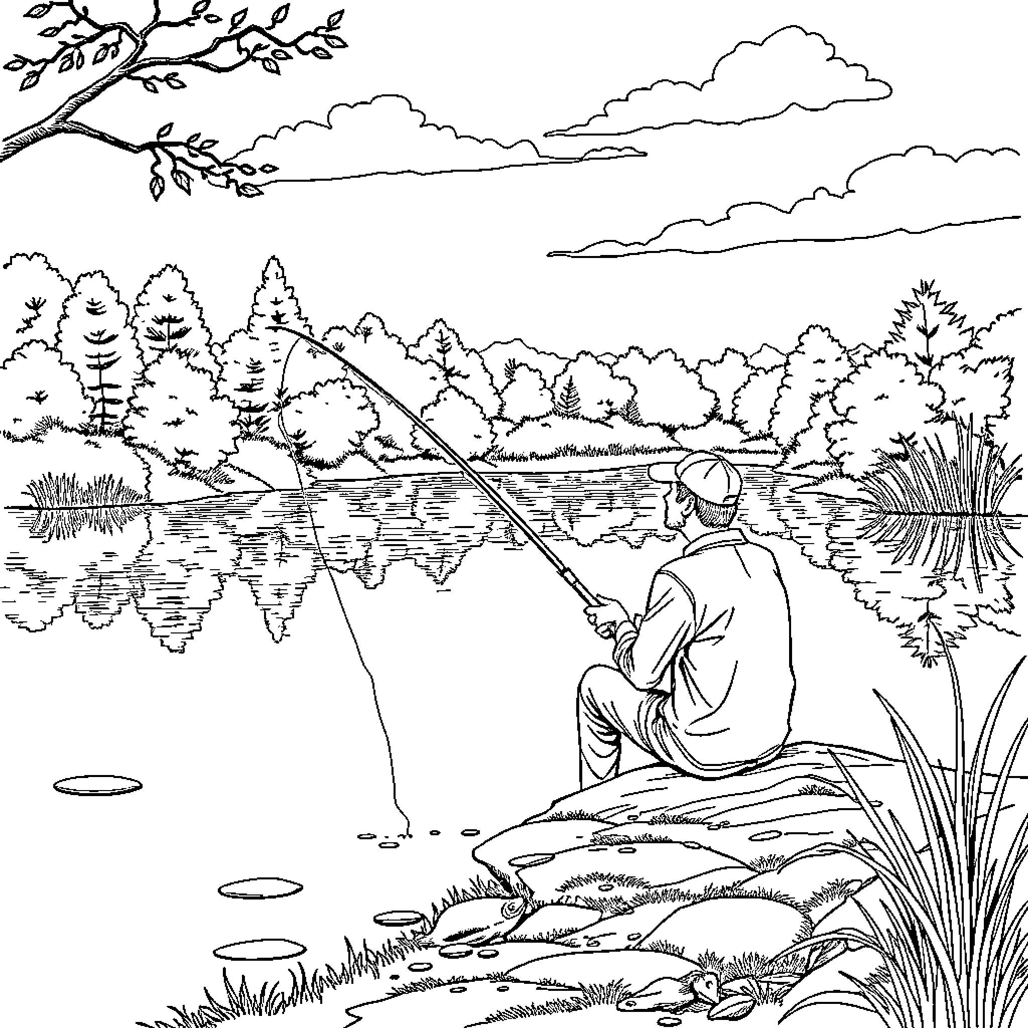 Man fishing peacefully by the lake Coloring Page (free black-and-white line drawing printable PDF for all, from beginners to advanced learners, including children, teens, adults, and seniors)