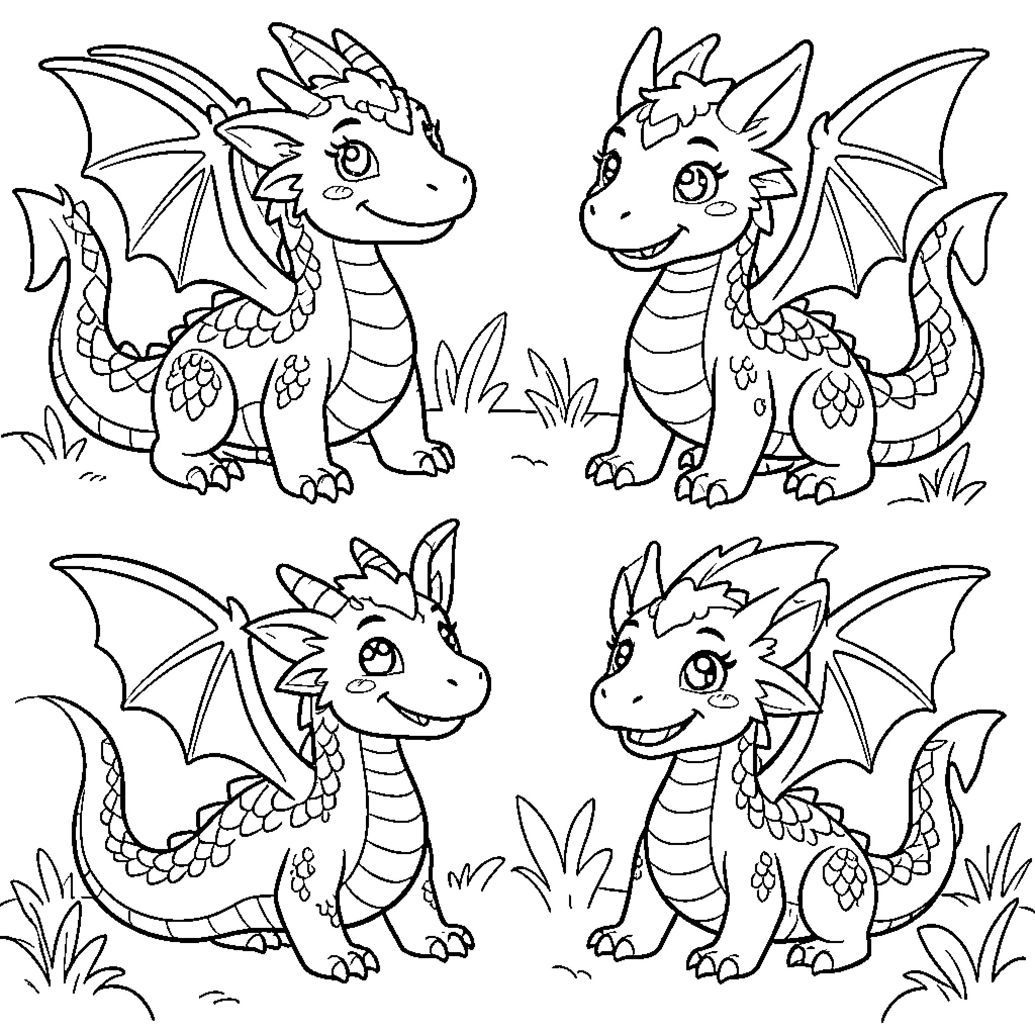 Dragon hatchlings playing in the grass Coloring Page (free black-and-white line drawing printable PDF for all, from beginners to advanced learners, including children, teens, adults, and seniors)