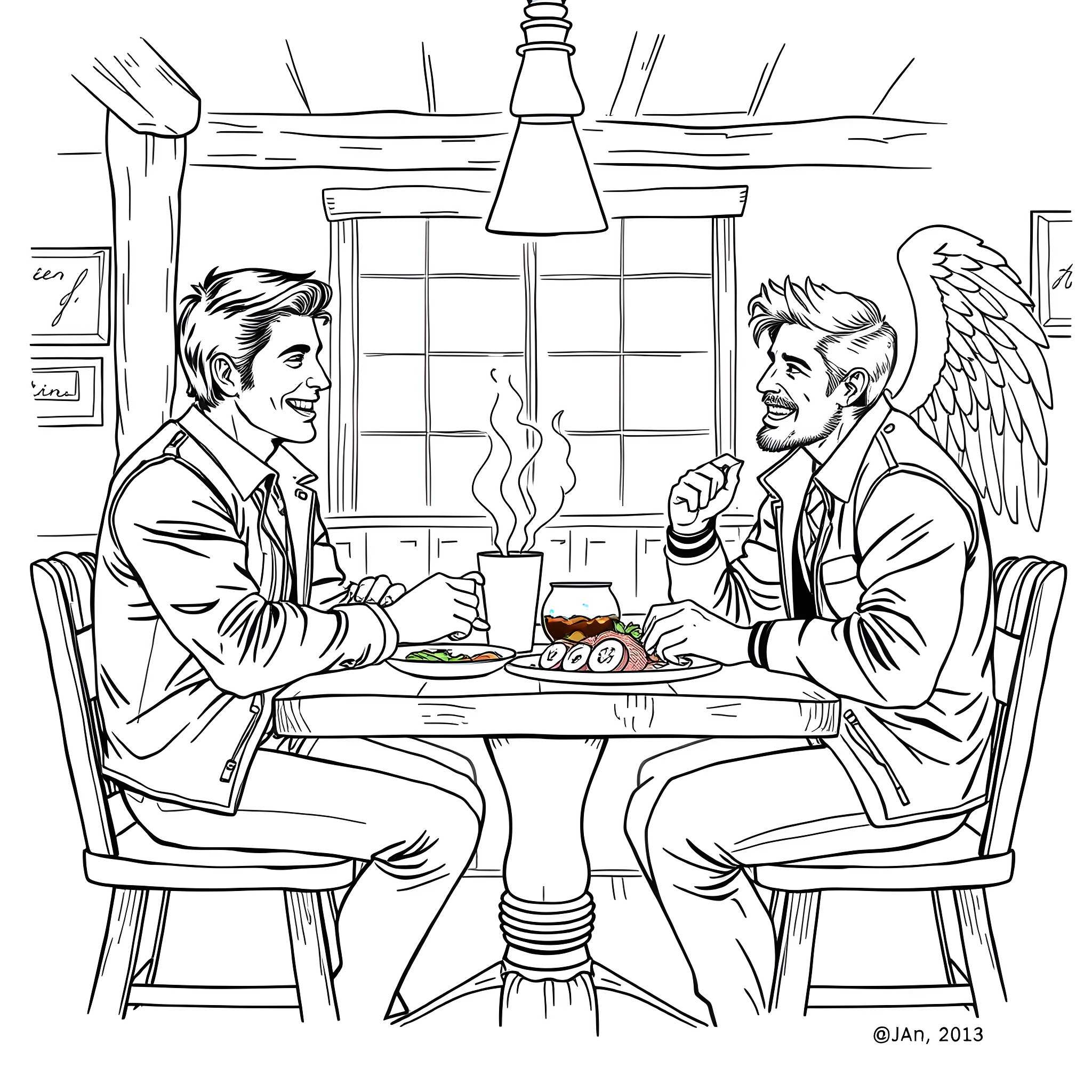 Winchester Men Discussing Over Meal in Cozy Cabin Coloring Page (free black-and-white line drawing printable PDF for all, from beginners to advanced learners, including children, teens, adults, and seniors)