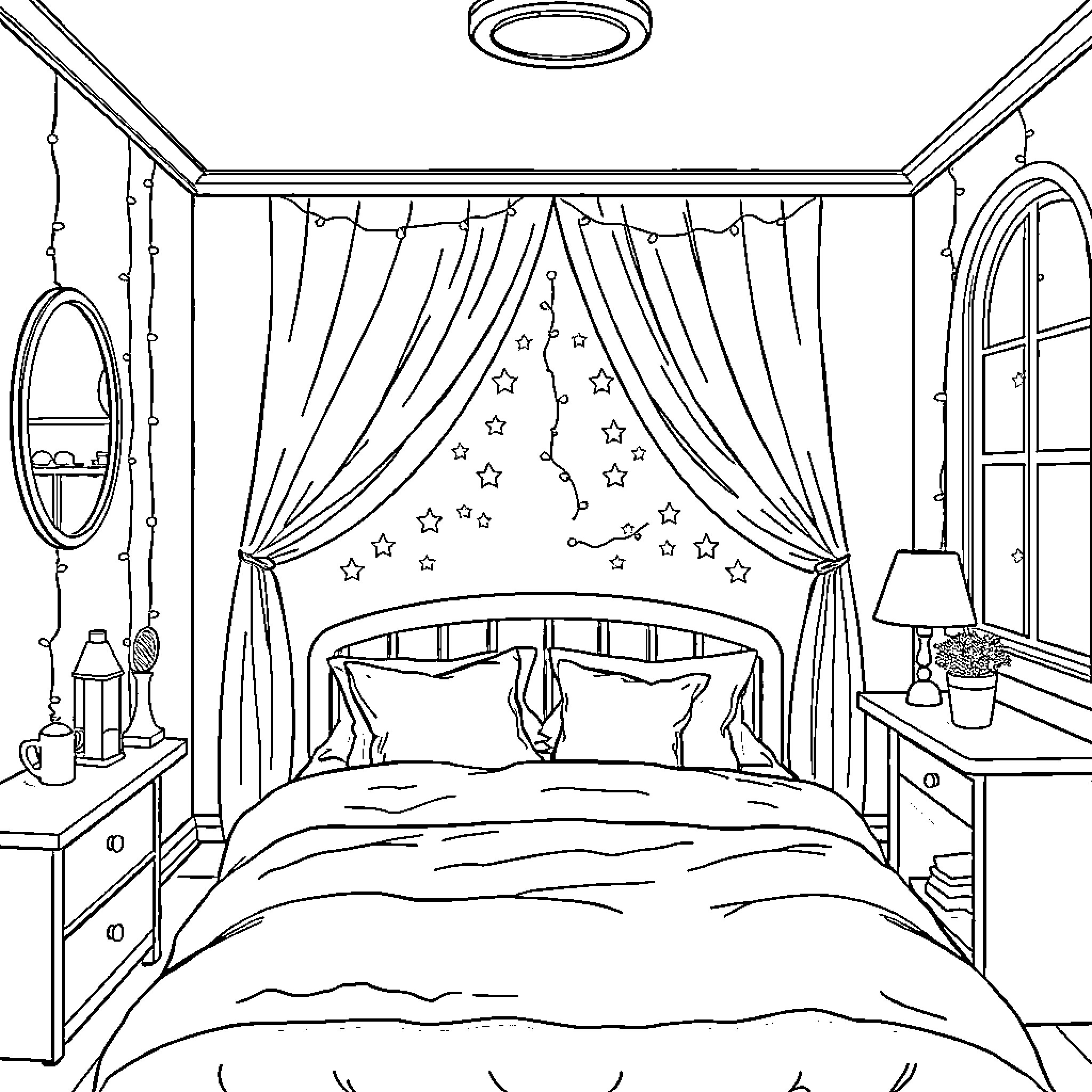 Girl in a magical bedroom with stars and curtains Coloring Page (free black-and-white line drawing printable PDF for all, from beginners to advanced learners, including children, teens, adults, and seniors)