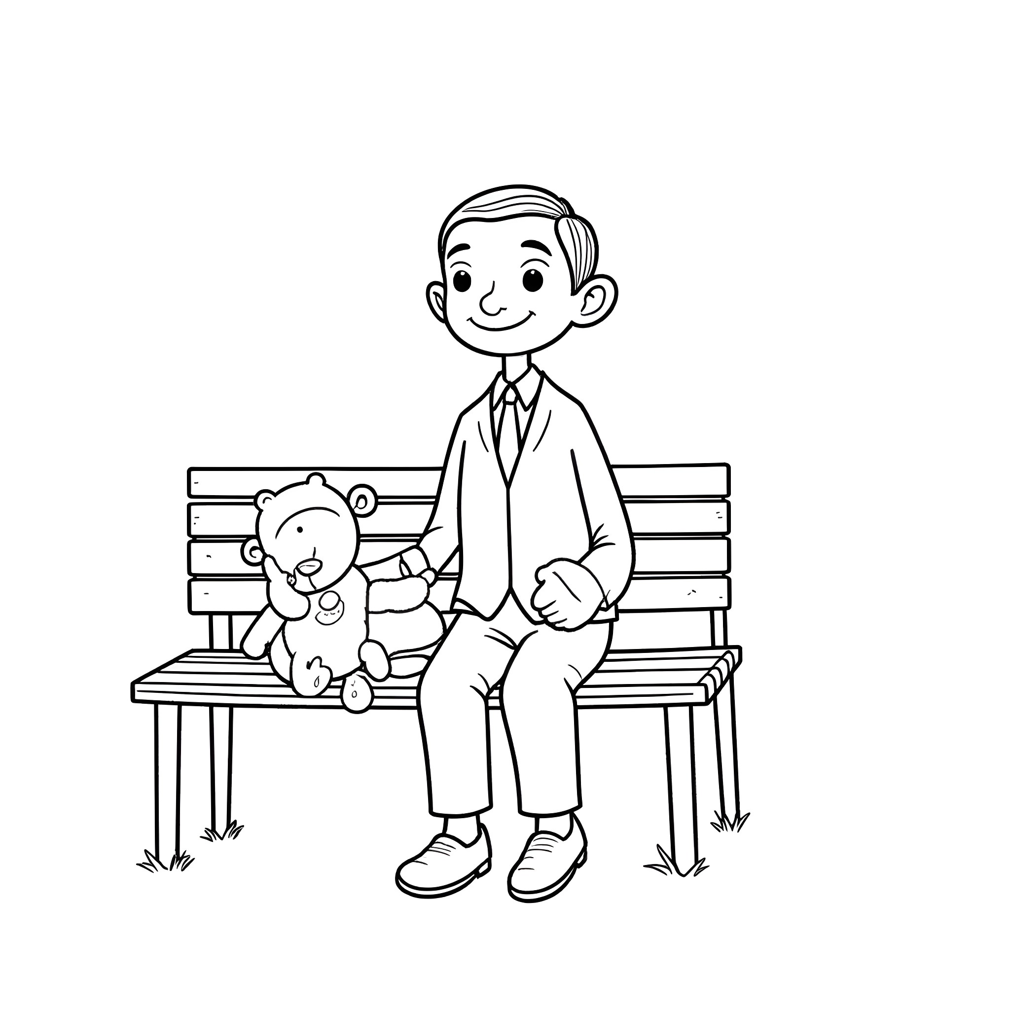Mr Bean relaxing on a park bench with his teddy bear Coloring Page (free black-and-white line drawing printable PDF for all, from beginners to advanced learners, including children, teens, adults, and seniors)