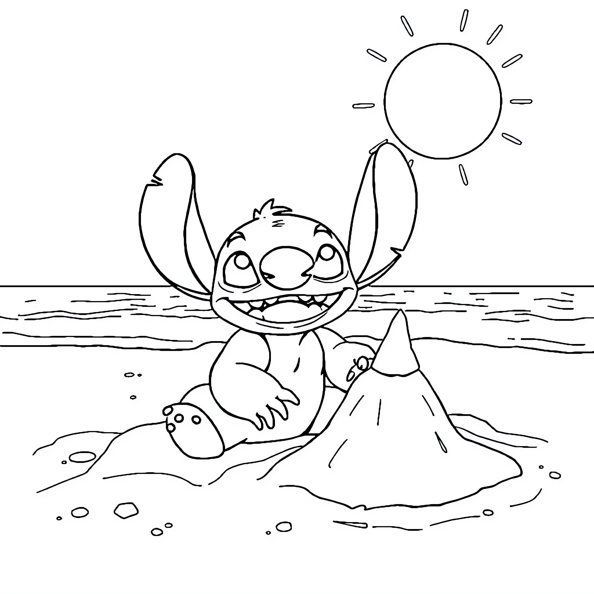Stitch enjoying a sunny day at the beach Coloring Page (free black-and-white line drawing printable PDF for all, from beginners to advanced learners, including children, teens, adults, and seniors)