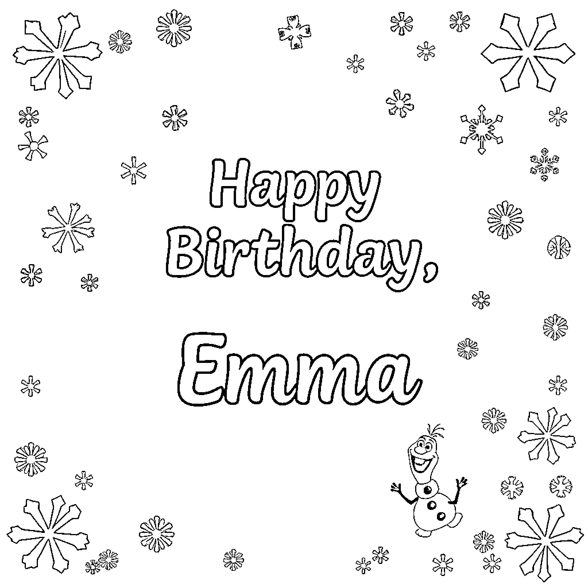 Disney Frozen Happy Birthday Wishes with Snowflakes Coloring Page (free black-and-white line drawing printable PDF for all, from beginners to advanced learners, including children, teens, adults, and seniors)