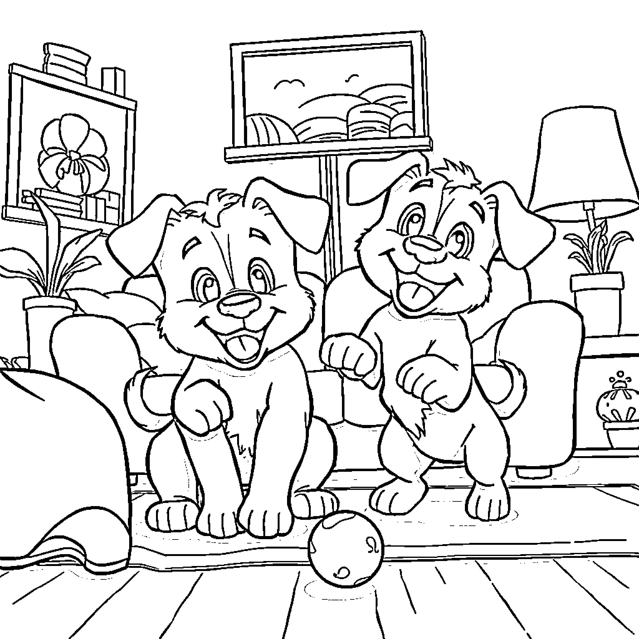 Bluey and companion playing happily indoors Coloring Page (free black-and-white line drawing printable PDF for all, from beginners to advanced learners, including children, teens, adults, and seniors)