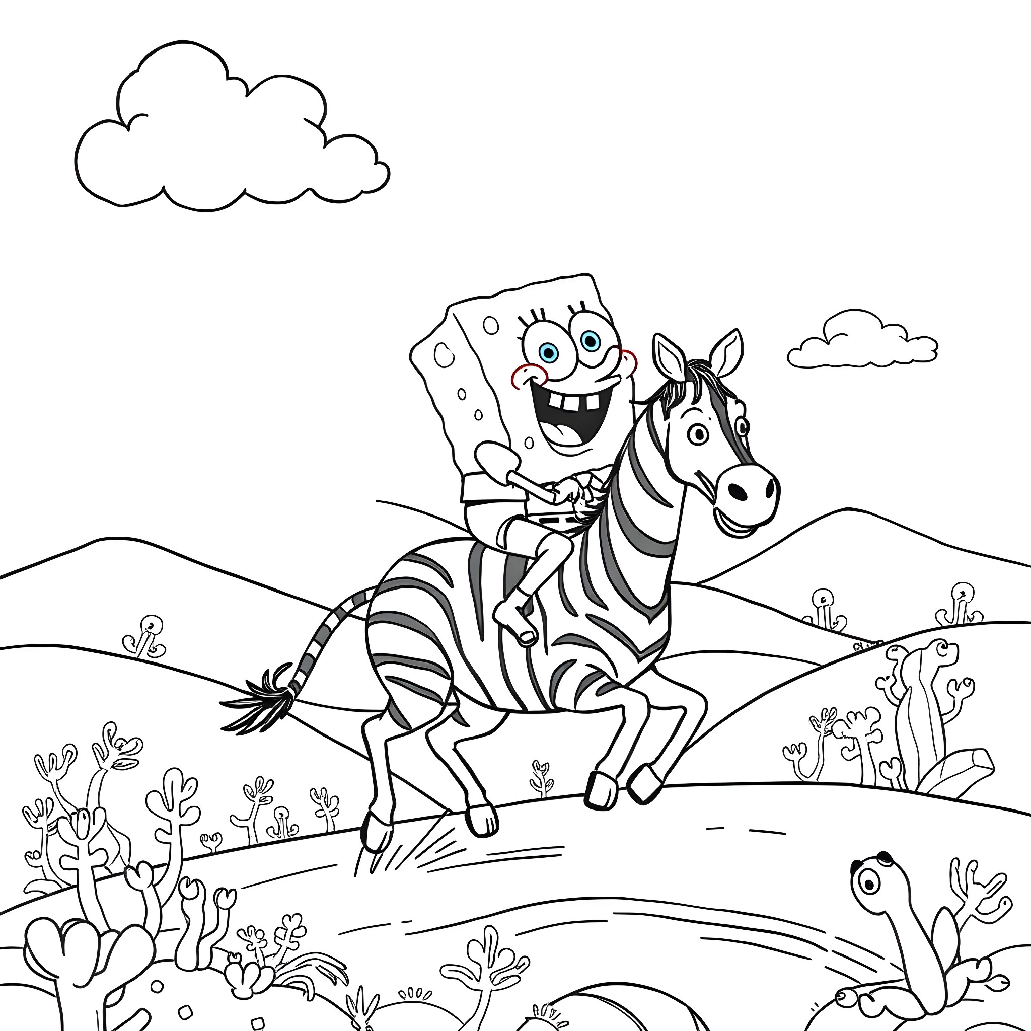 Sponge Bob riding a Zebra in the Countryside Coloring Page (free black-and-white line drawing printable PDF for all, from beginners to advanced learners, including children, teens, adults, and seniors)