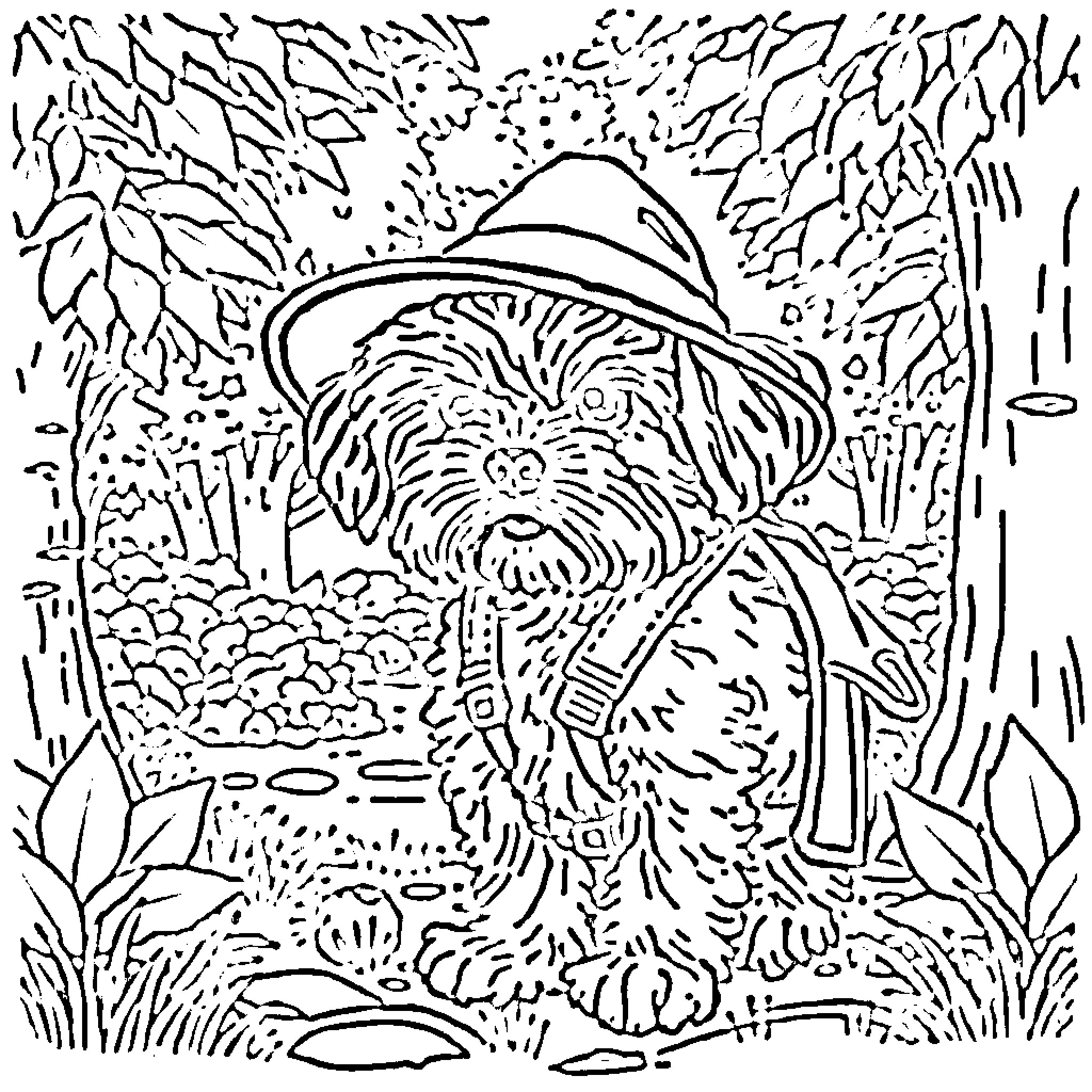 Maltipoo relaxing in a lush garden Coloring Page (free black-and-white line drawing printable PDF for all, from beginners to advanced learners, including children, teens, adults, and seniors)