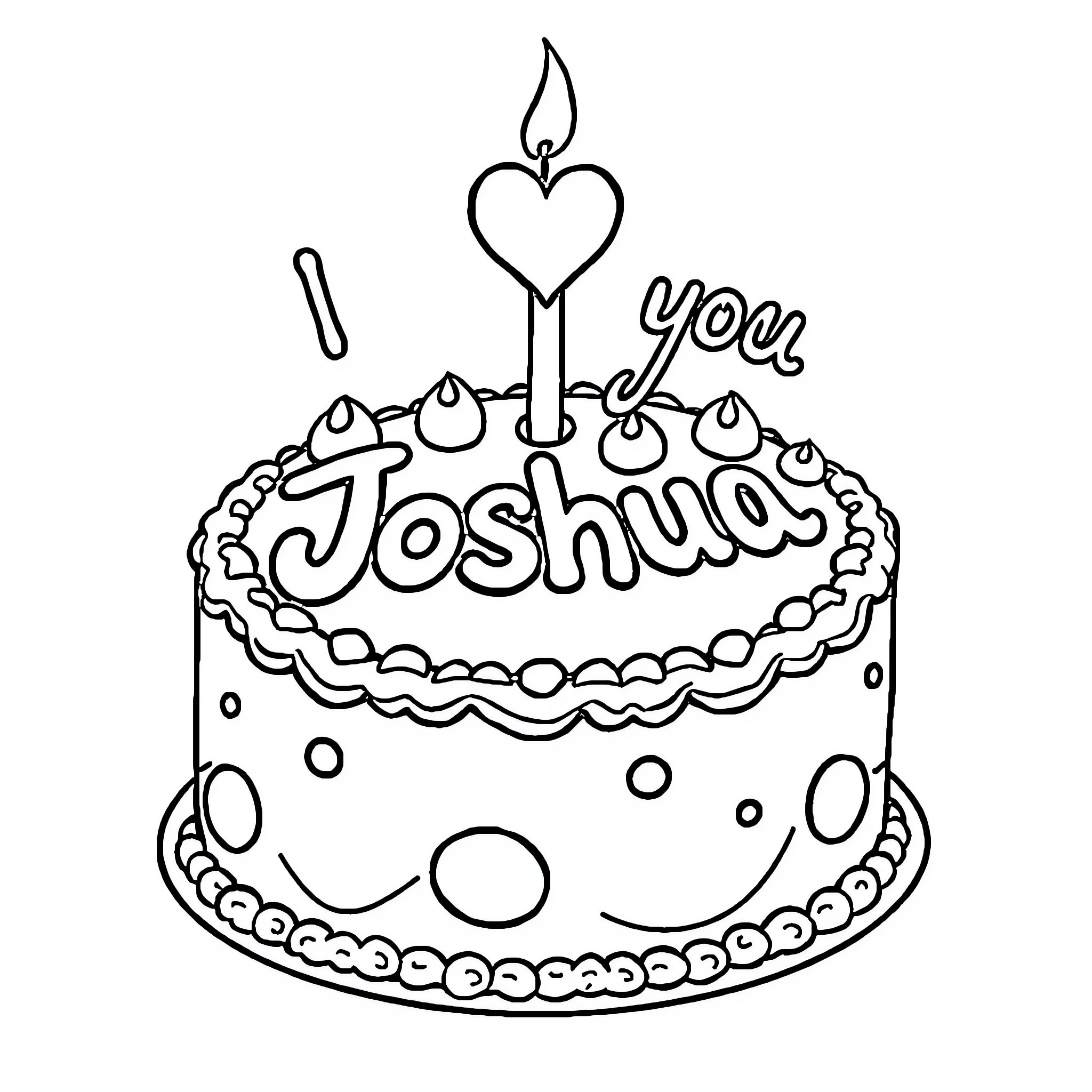 Cake with Heart-Shaped Candle and Name Coloring Page (free black-and-white line drawing printable PDF for all, from beginners to advanced learners, including children, teens, adults, and seniors)
